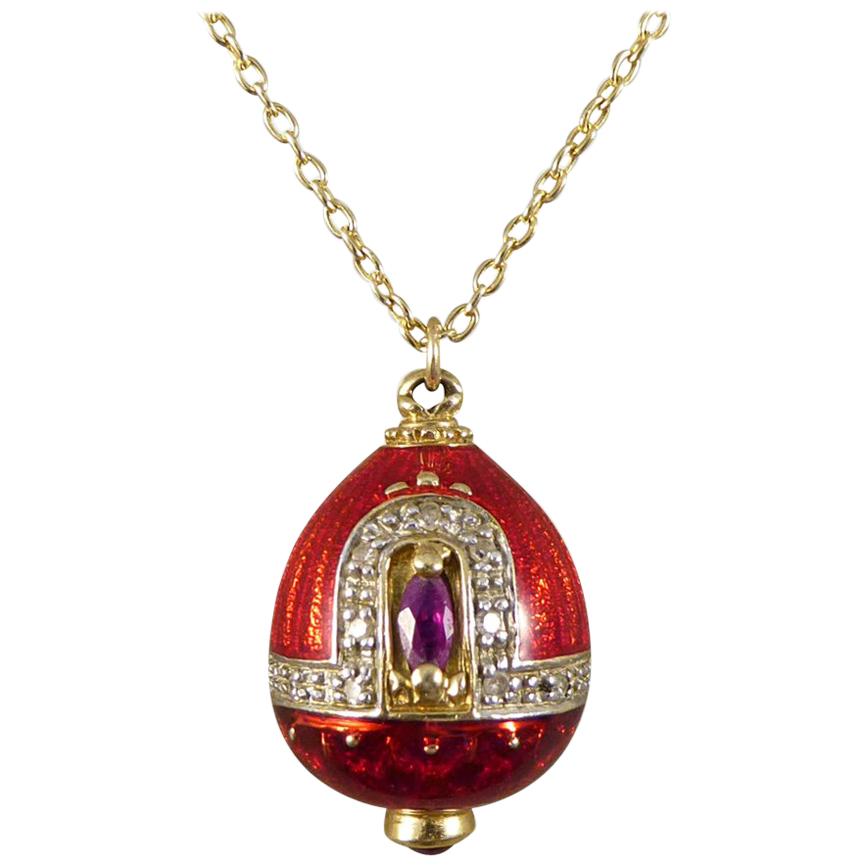 Vintage Necklace with Ruby and Diamond Set of Red Enamel and Gold Pendant