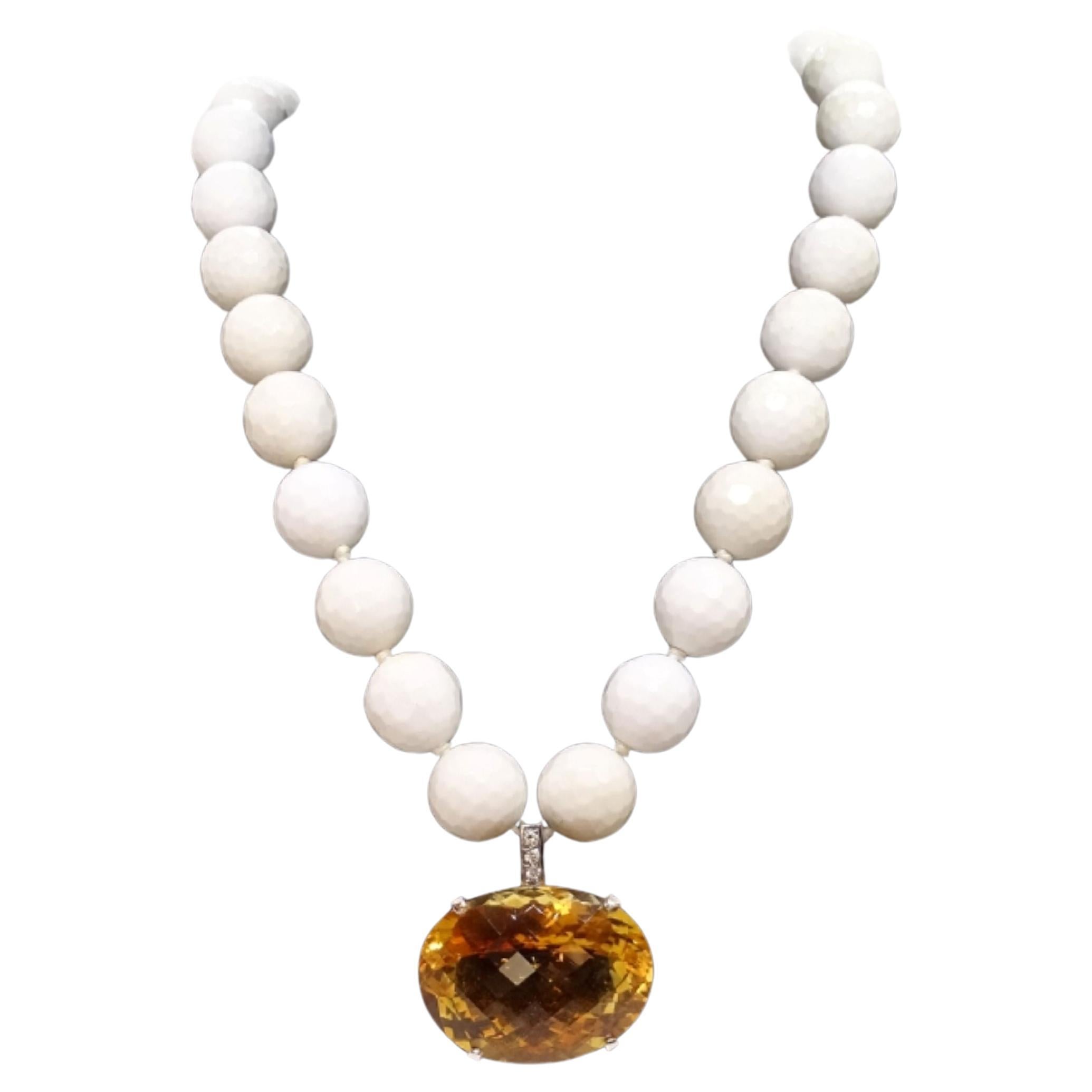 1980s 18k White Gold Jade Citrine Diamond Necklace, France