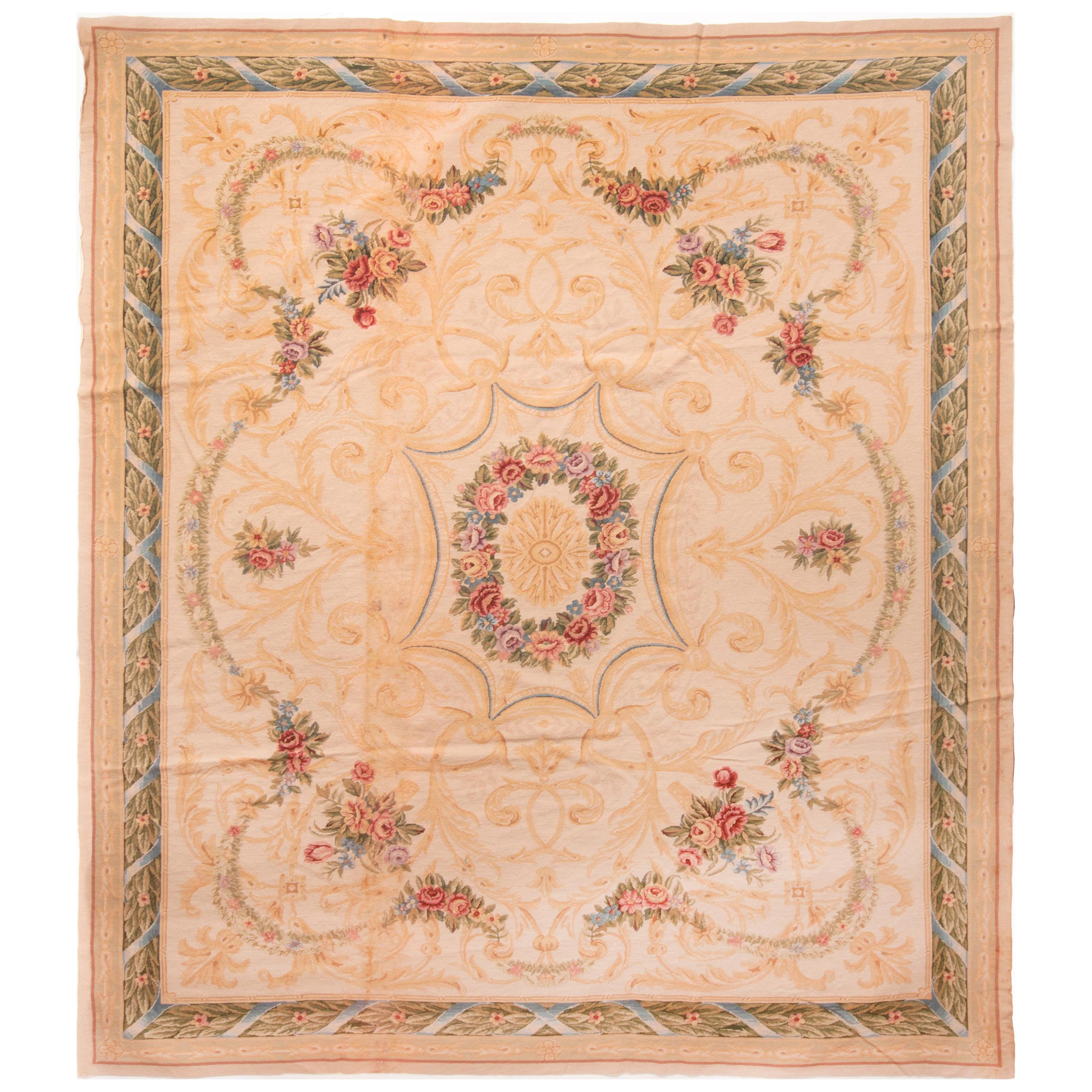 Vintage Needle Point Transitional Beige and Cream Wool Rug For Sale at