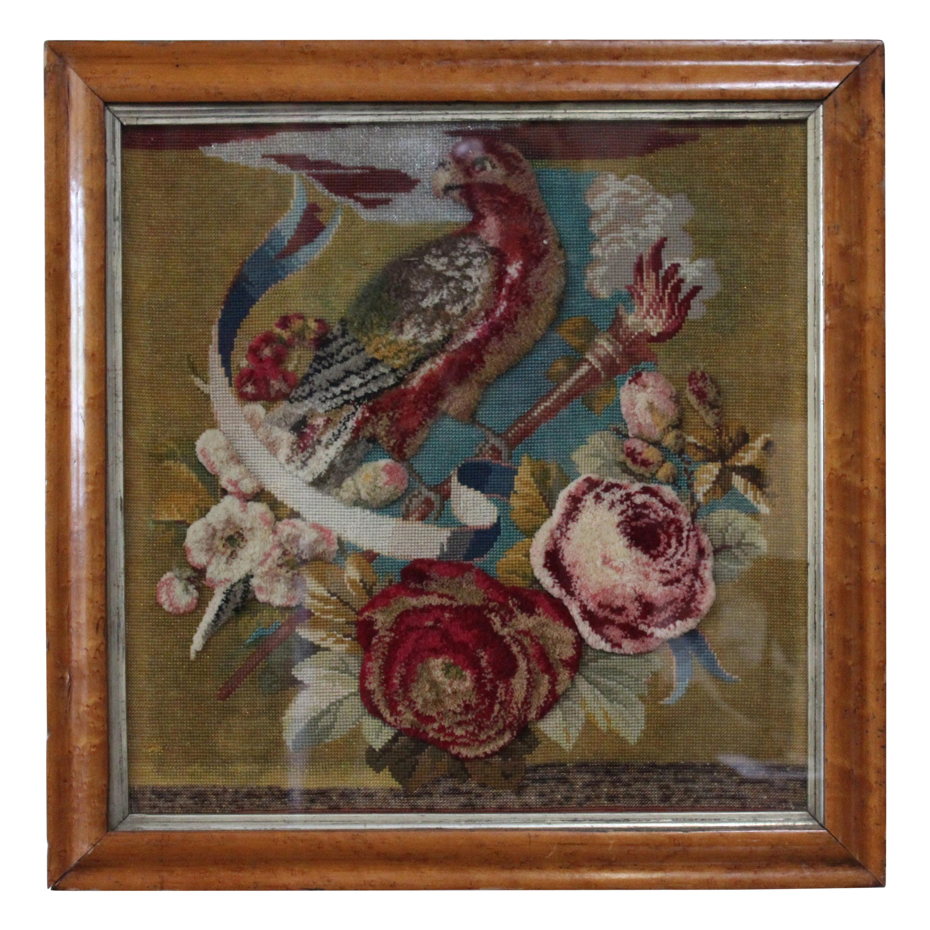 Vintage Needlepoint, Tufted Wool and Glass Beaded Framed Tapestry For Sale