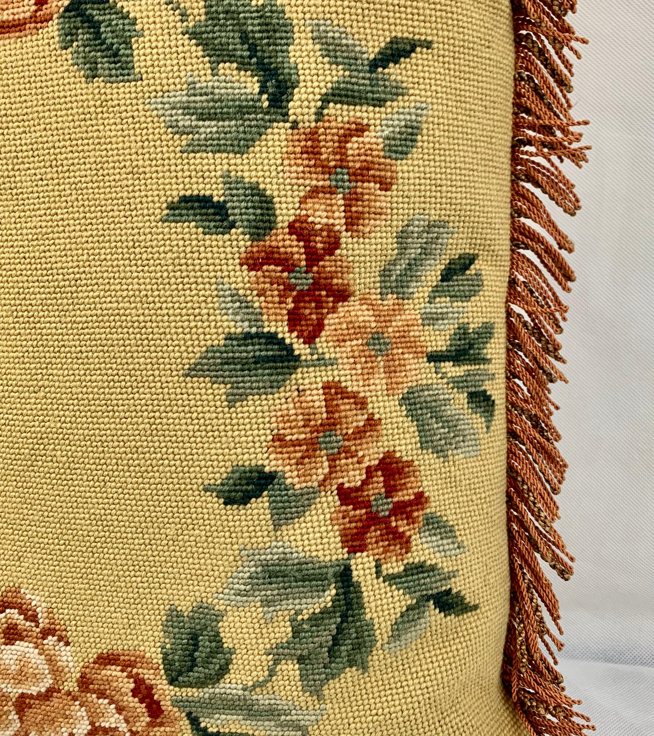 English Hand Needlepointed Cushion/Pillow with Decorative Floral Motif & Fringed Border
