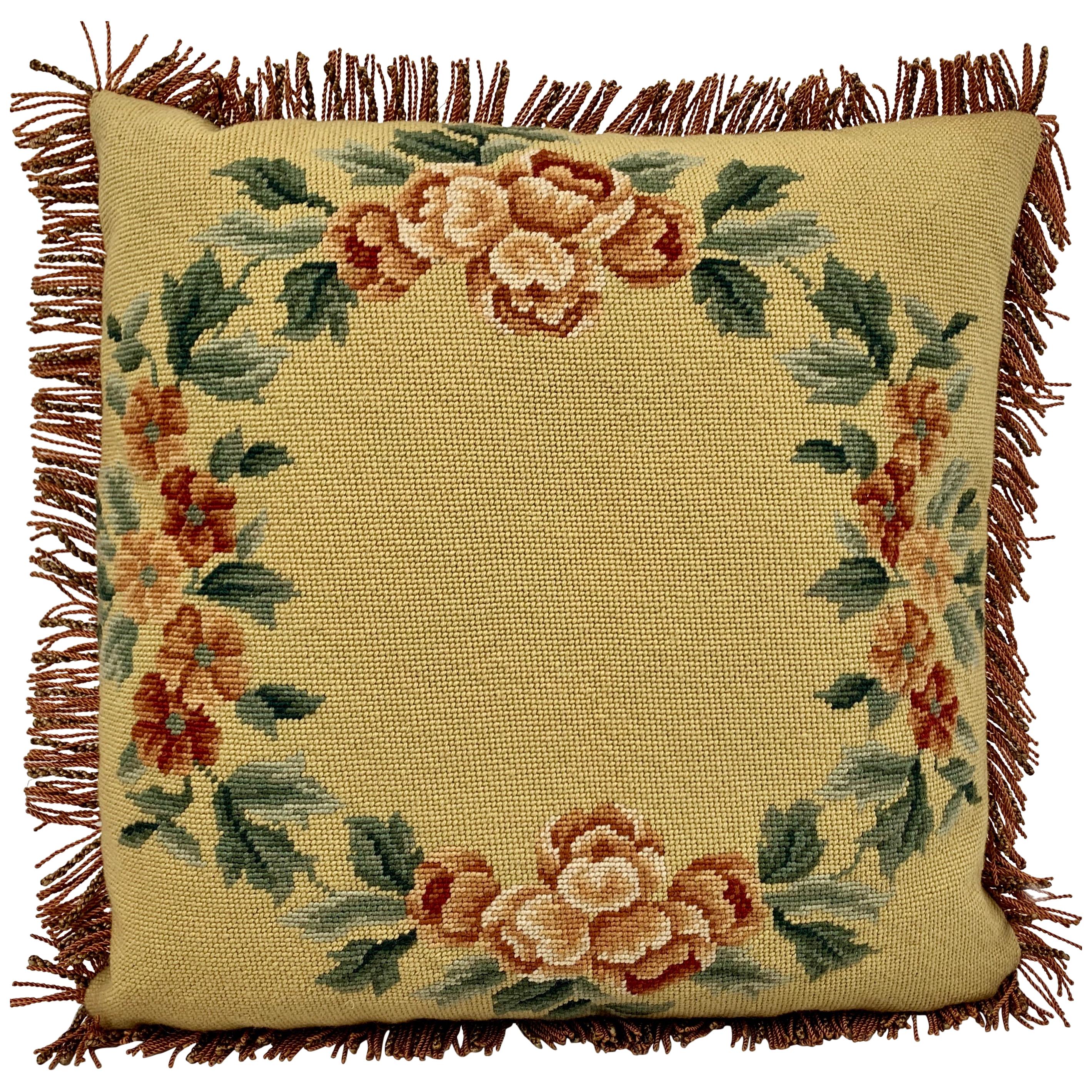 Hand Needlepointed Cushion/Pillow with Decorative Floral Motif & Fringed Border