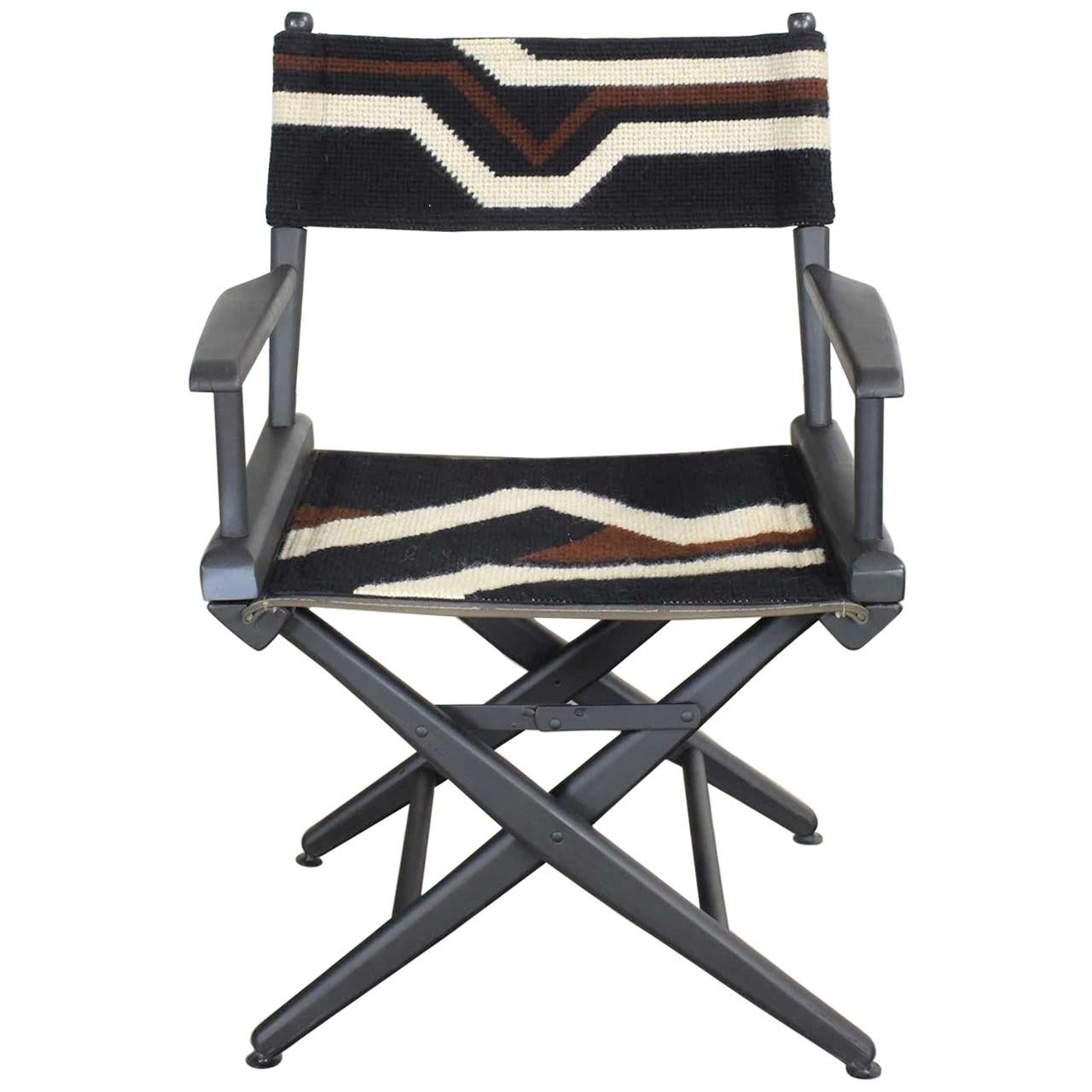 Chaise de directeur pliante noire, marron, blanche, géométrique, à l'aiguille, vintage