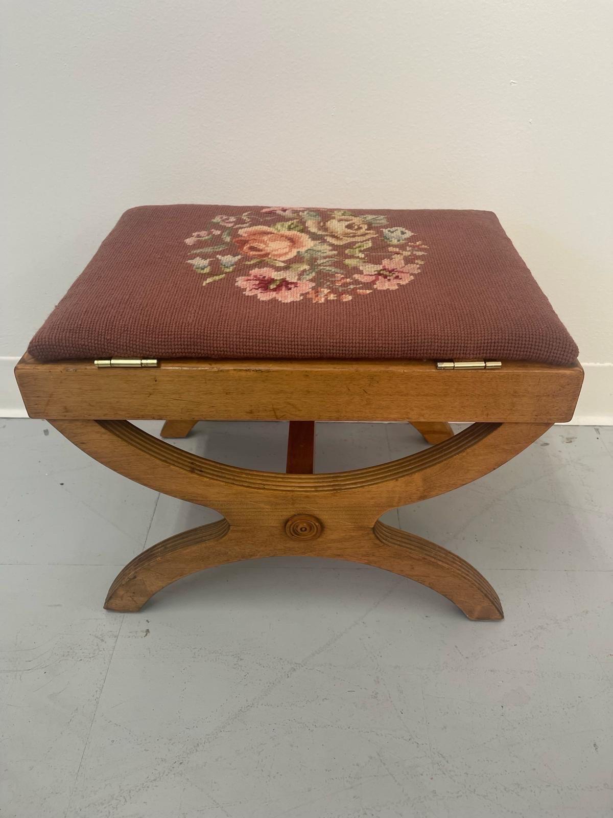 Mid-Century Modern Vintage Needlepoint Embroidery Footstool With Floral Motif For Sale