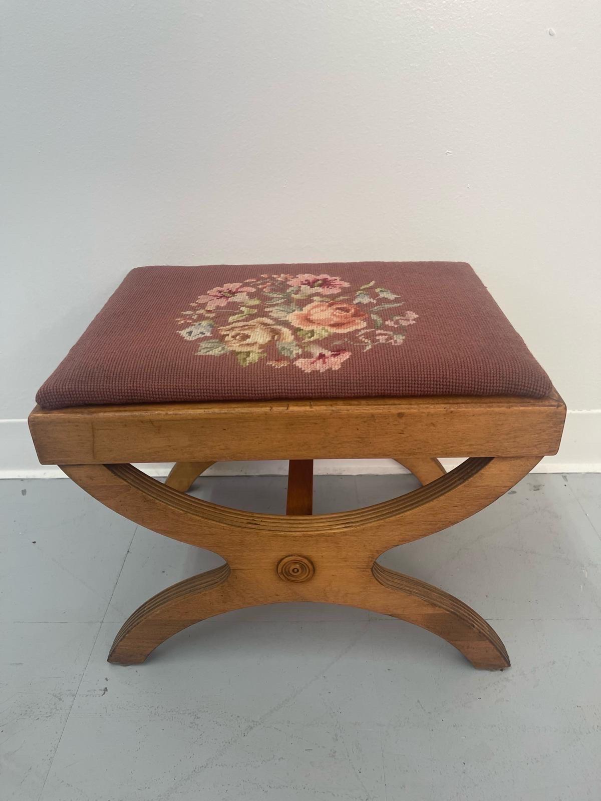 Late 20th Century Vintage Needlepoint Embroidery Footstool With Floral Motif For Sale