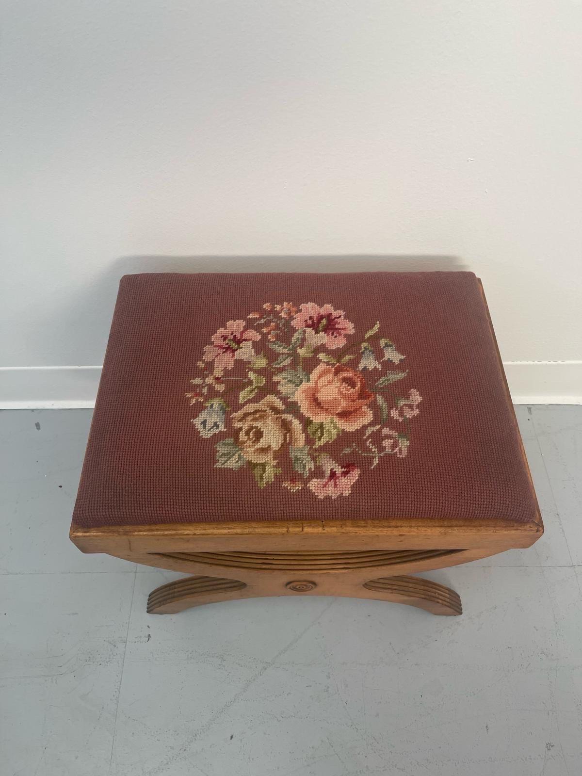 Vintage Needlepoint Embroidery Footstool With Floral Motif For Sale 2