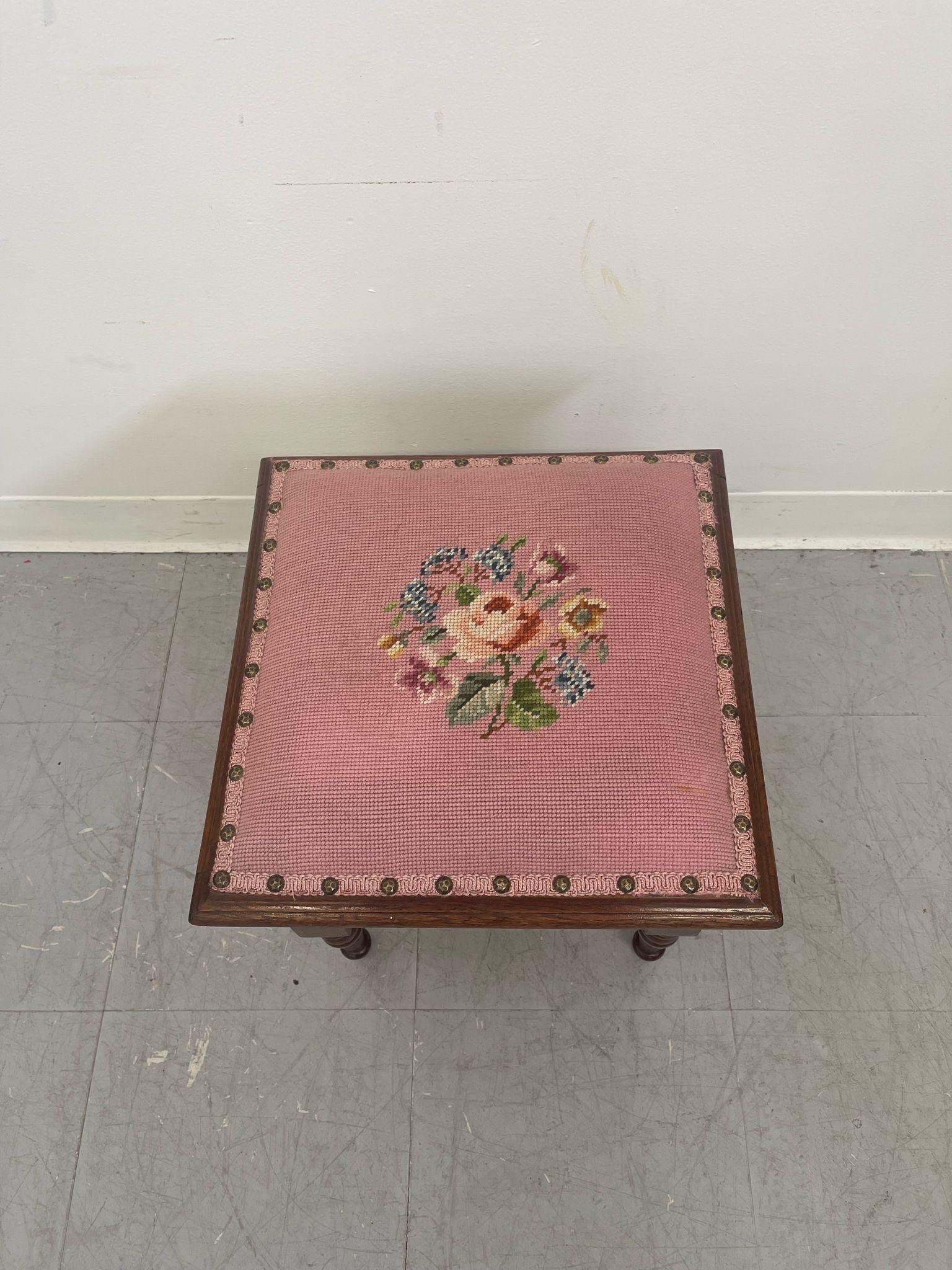 Late 20th Century Vintage Needlepoint Embroidery Footstool With Wooden Base. For Sale