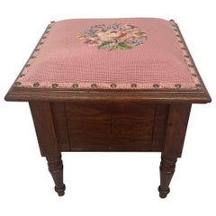 Vintage Needlepoint Embroidery Footstool With Wooden Base.