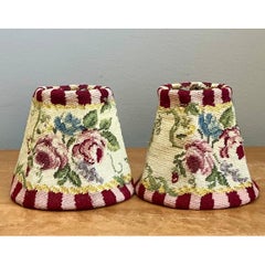 Vintage Needlepoint Floral Lamp Shades Pair