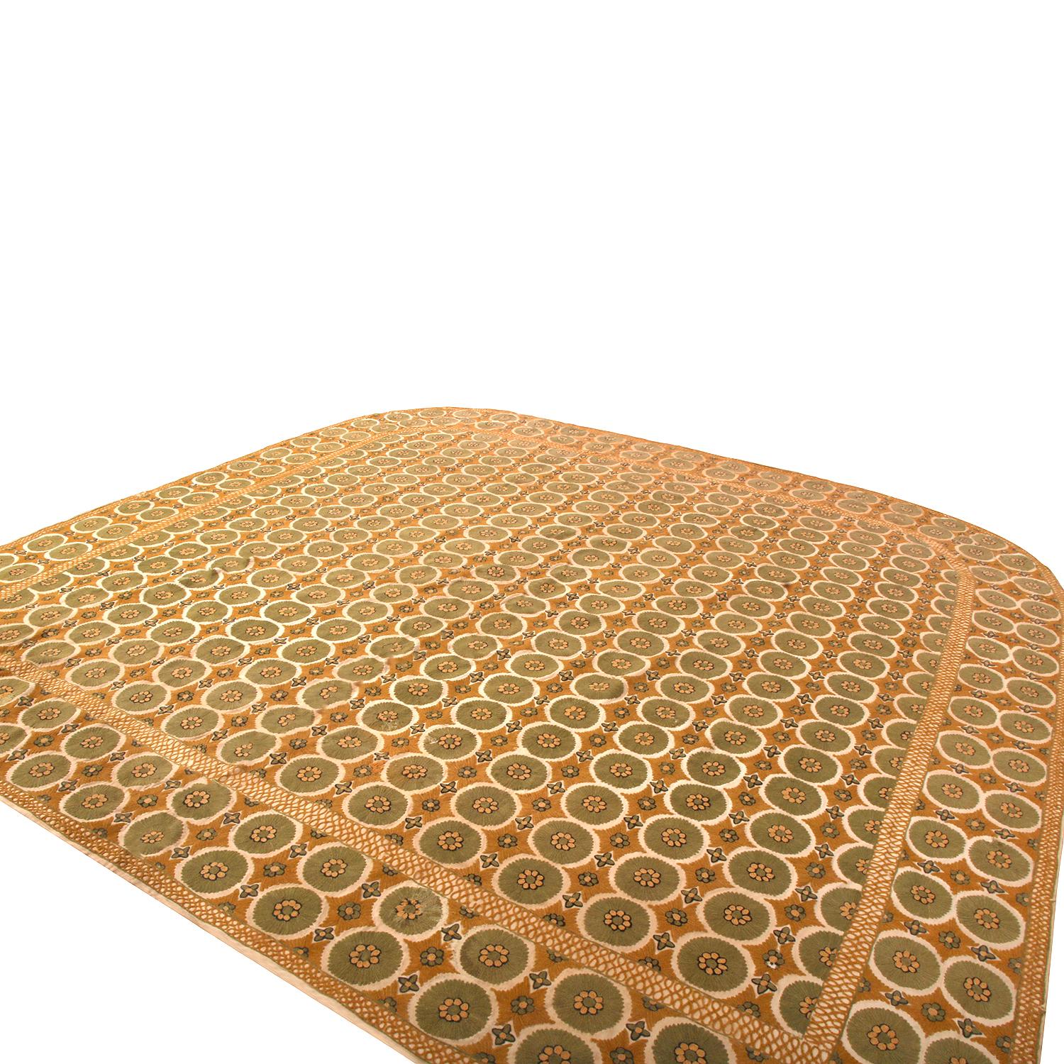 Handstitched in wool originating from Spain between 1970-1980, this vintage needle point rug enjoys a unique curvature for discerning projects, particularly suitable for rounded corner rooms and bedroom flooring projects. The play of the textural