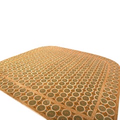 Vintage Needlepoint Geometric Floral Green and Beige Brown Wool Curved Flat Weav