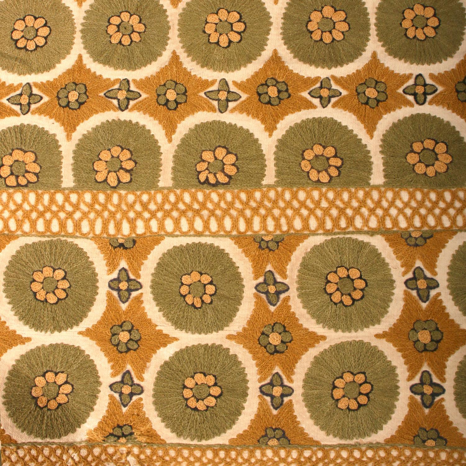 Mid-Century Modern Vintage Needlepoint Geometric Floral Green and Beige Brown Wool Curved Flat Weav