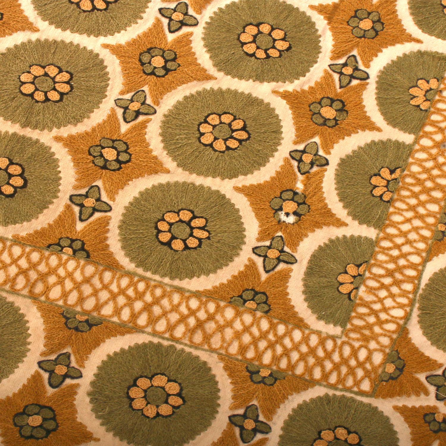 Spanish Vintage Needlepoint Geometric Floral Green and Beige Brown Wool Curved Flat Weav