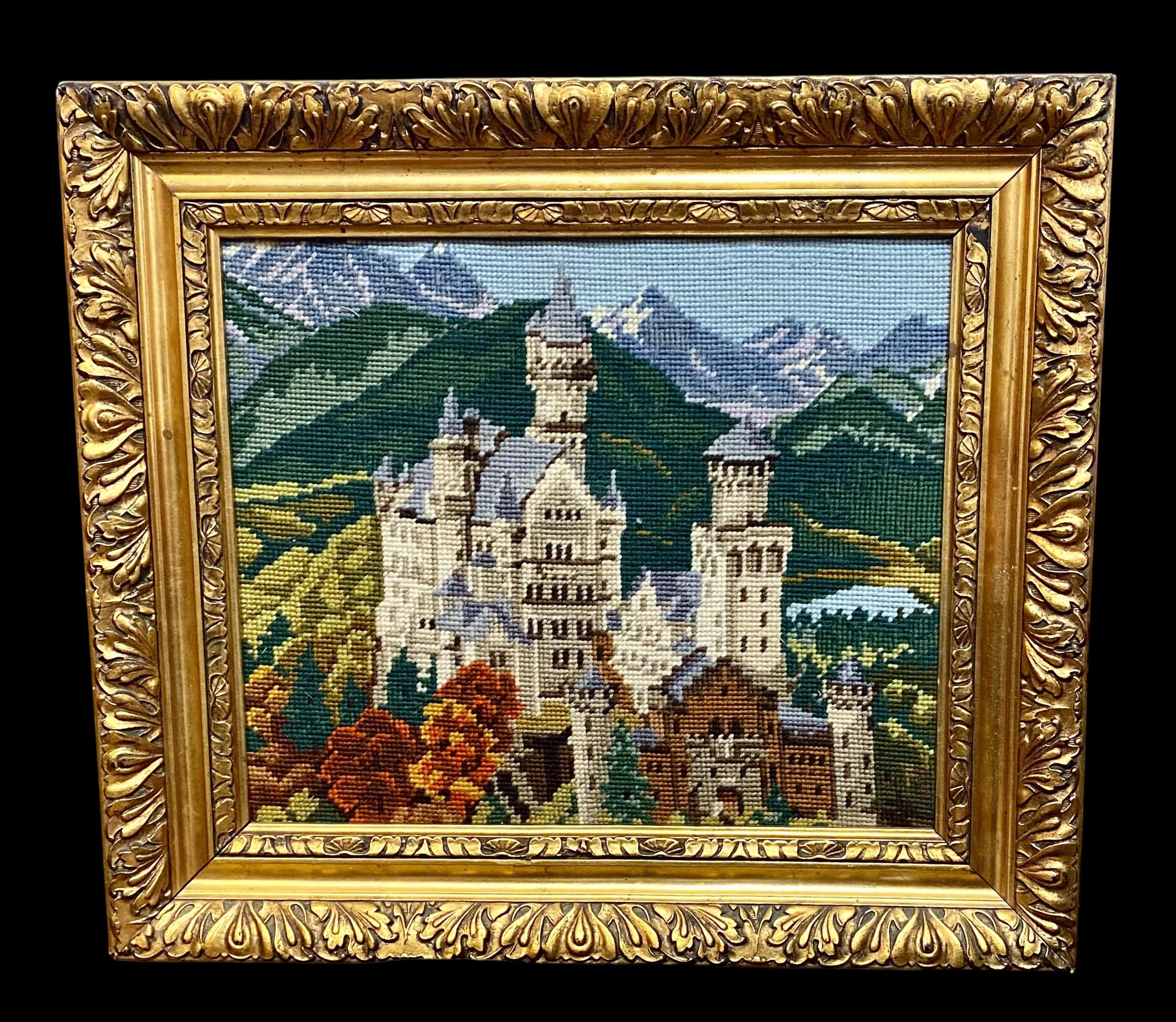 Vintage Needlepoint Of Neuschwanstein Castle Presented In A Giltwood Frame For Sale 2