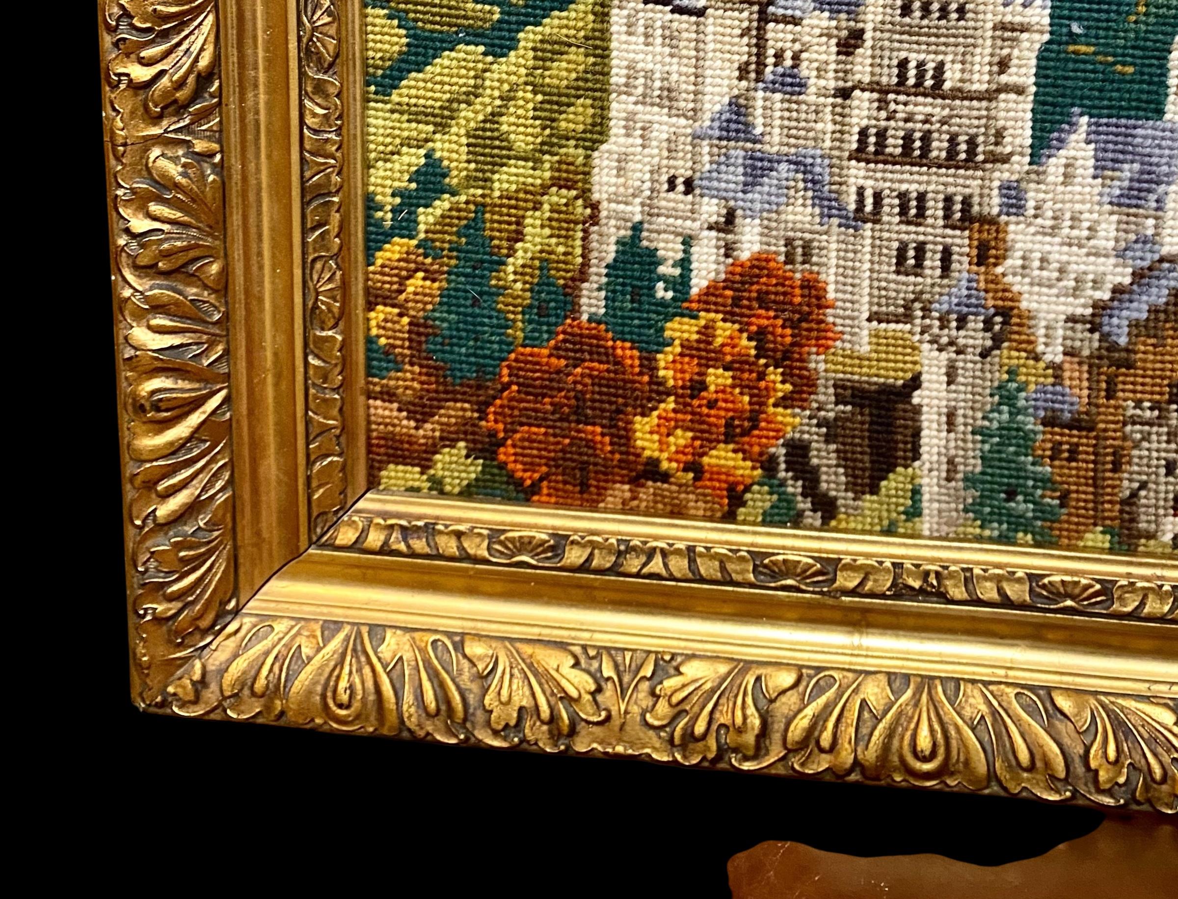 Romantic Vintage Needlepoint Of Neuschwanstein Castle Presented In A Giltwood Frame For Sale
