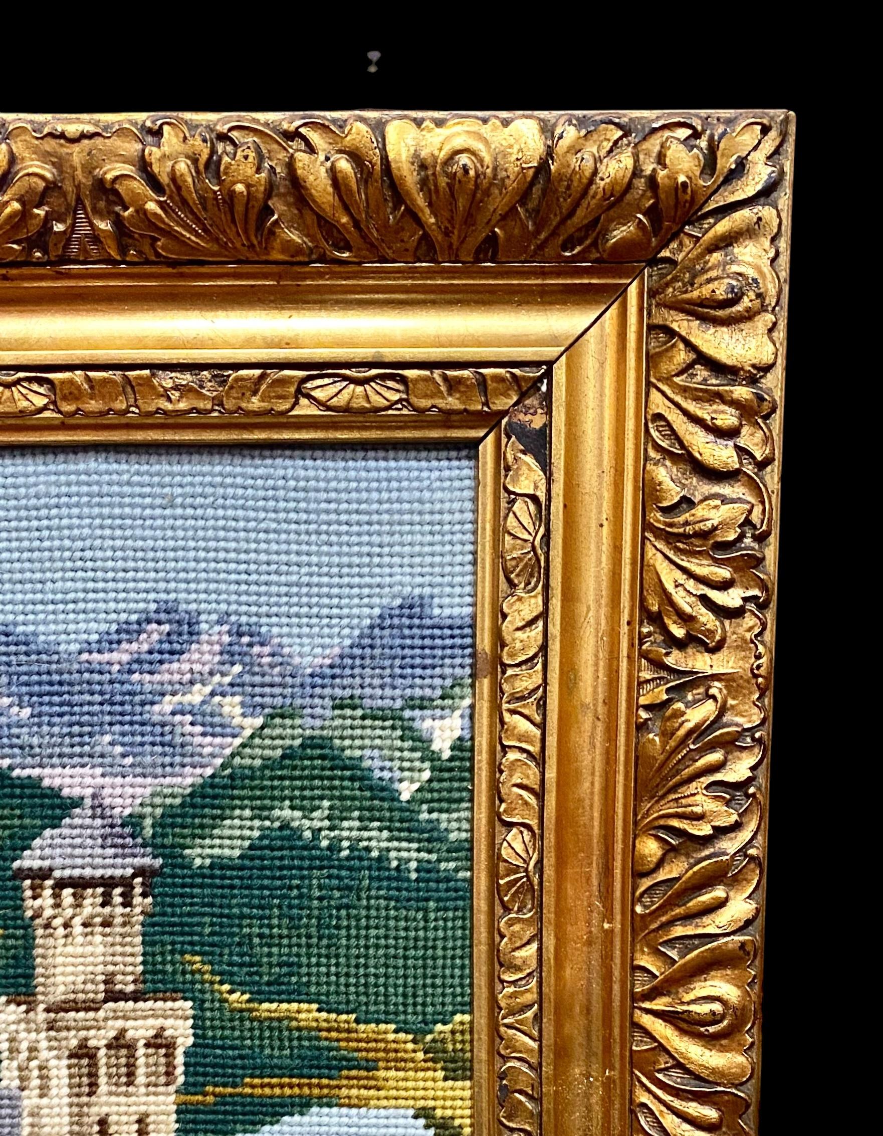 German Vintage Needlepoint Of Neuschwanstein Castle Presented In A Giltwood Frame For Sale