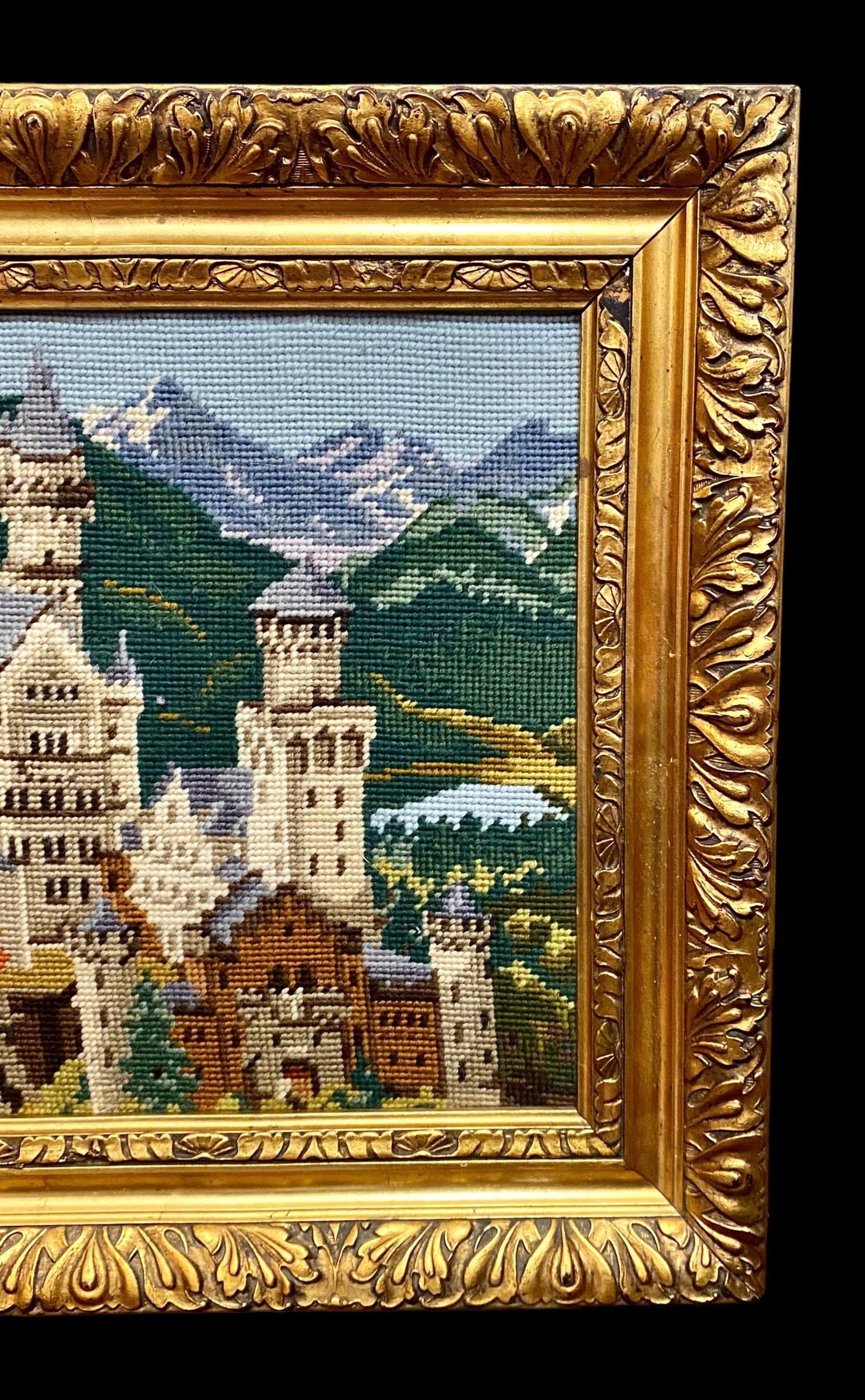 Hand-Carved Vintage Needlepoint Of Neuschwanstein Castle Presented In A Giltwood Frame For Sale