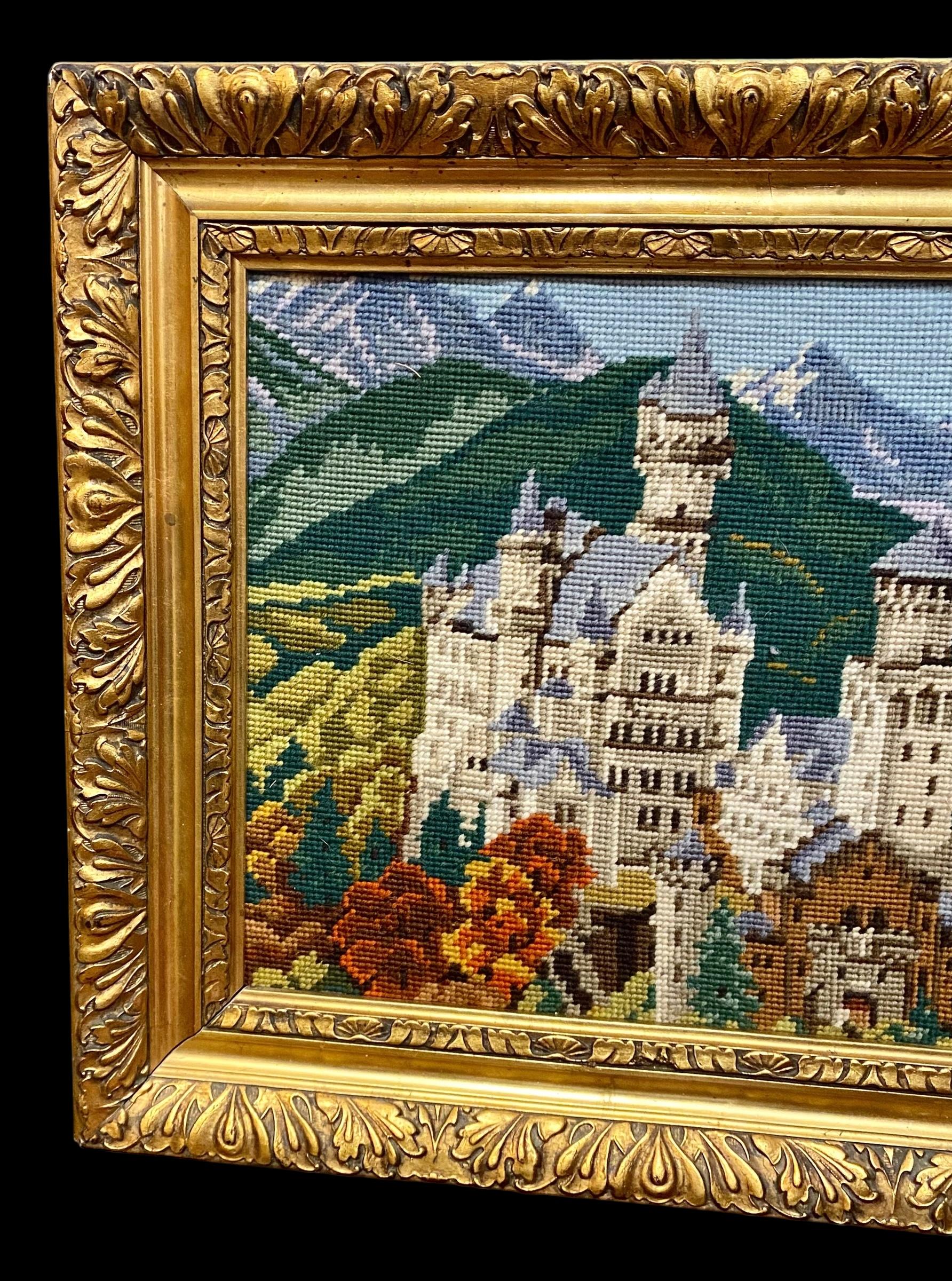 Vintage Needlepoint Of Neuschwanstein Castle Presented In A Giltwood Frame In Good Condition For Sale In New Orleans, LA