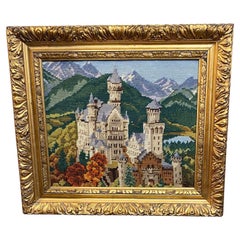 Vintage Needlepoint Of Neuschwanstein Castle Presented In A Giltwood Frame