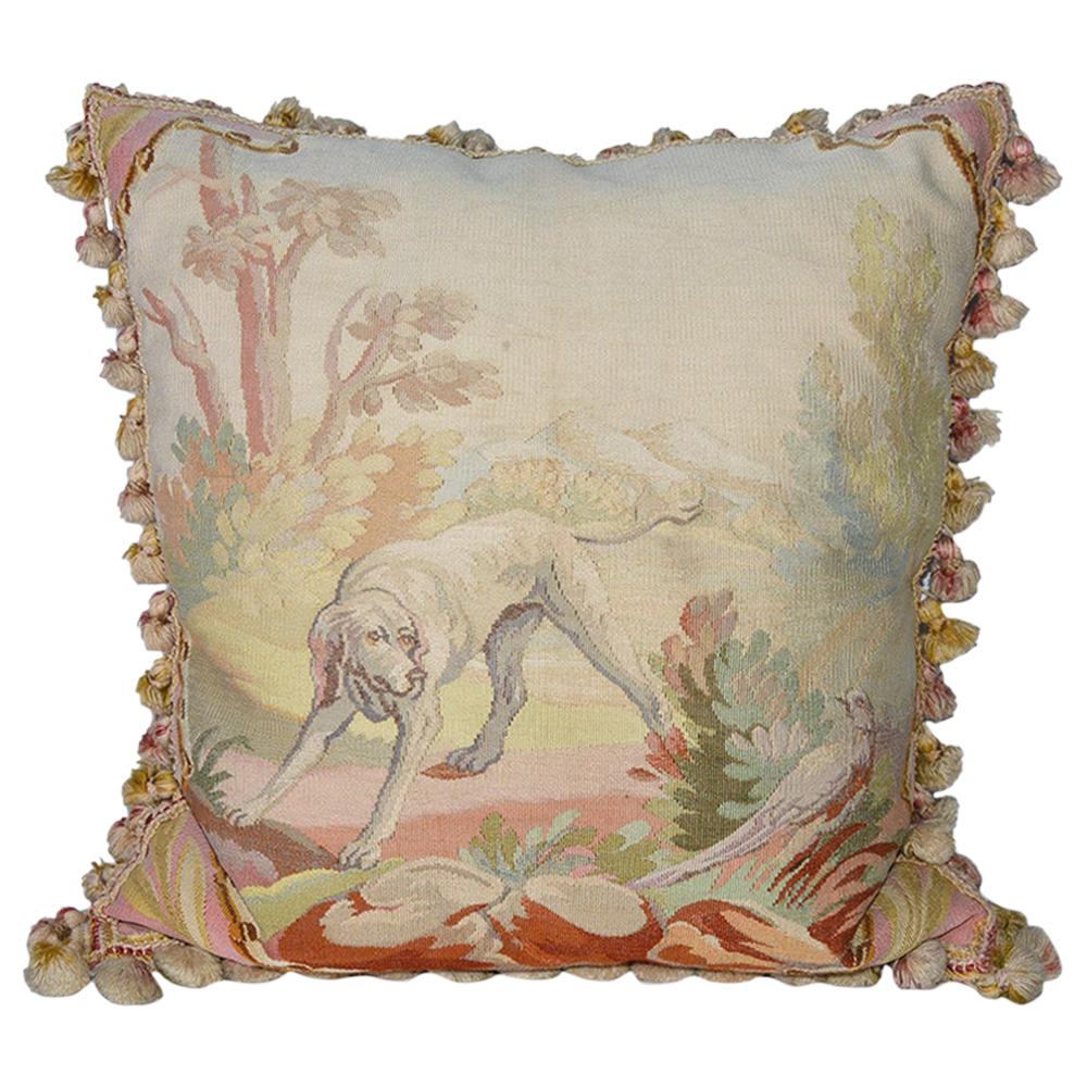 Vintage Needlepoint Pillow with Hunting Dog and Pheasant For Sale at 1stDibs