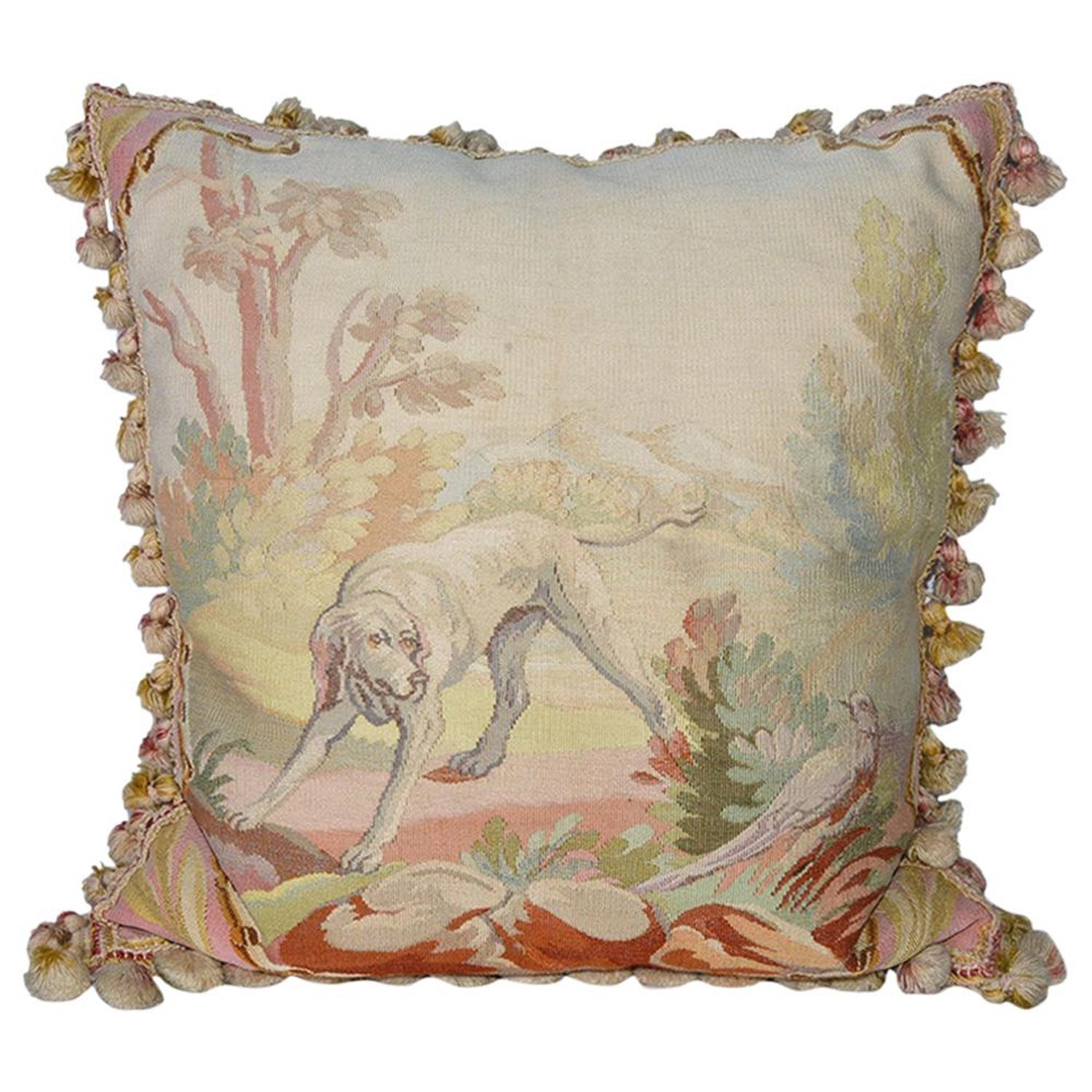 Vintage Needlepoint Pillow With Hunting Dog And Pheasant For Sale