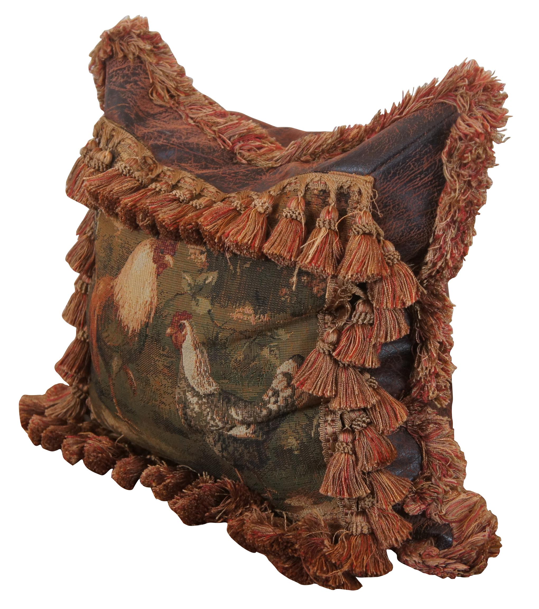 Country Vintage Needlepoint Rooster Tapestry Bolster Throw Pillow Tassels Leather