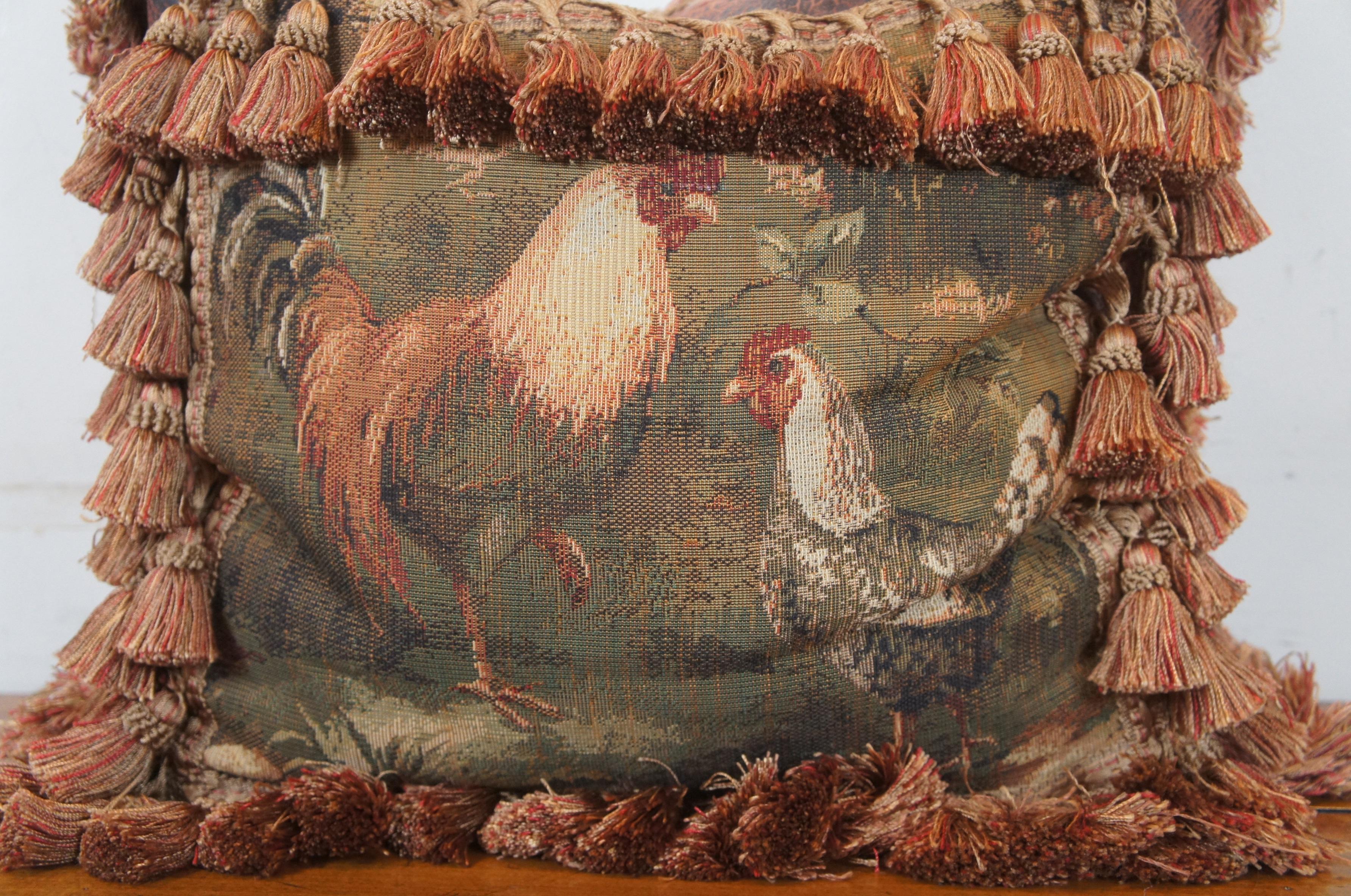 20th Century Vintage Needlepoint Rooster Tapestry Bolster Throw Pillow Tassels Leather