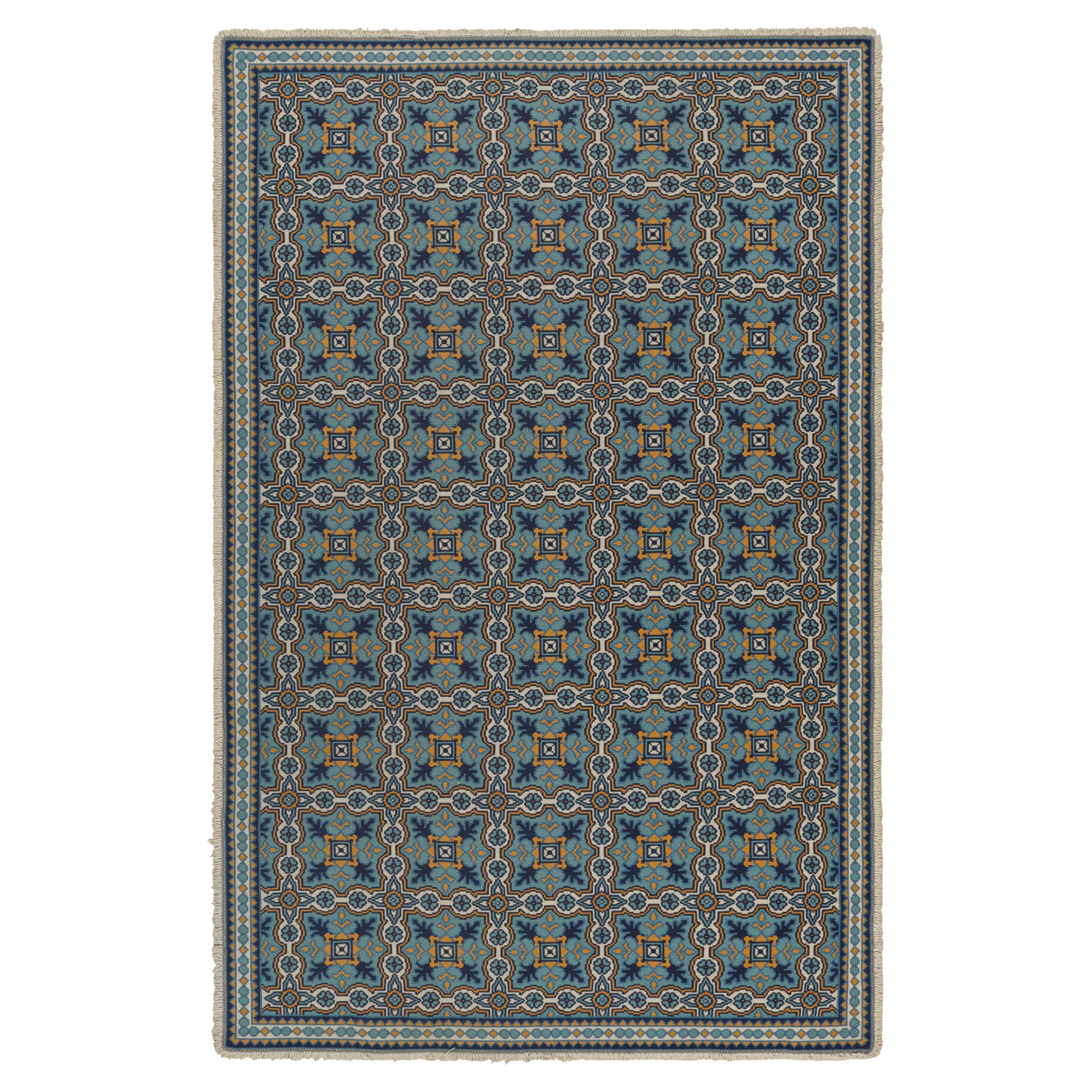 Vintage-Nadelspitze-Teppich in Blau mit geometrischen Mustern, von Rug & Kilim im Angebot