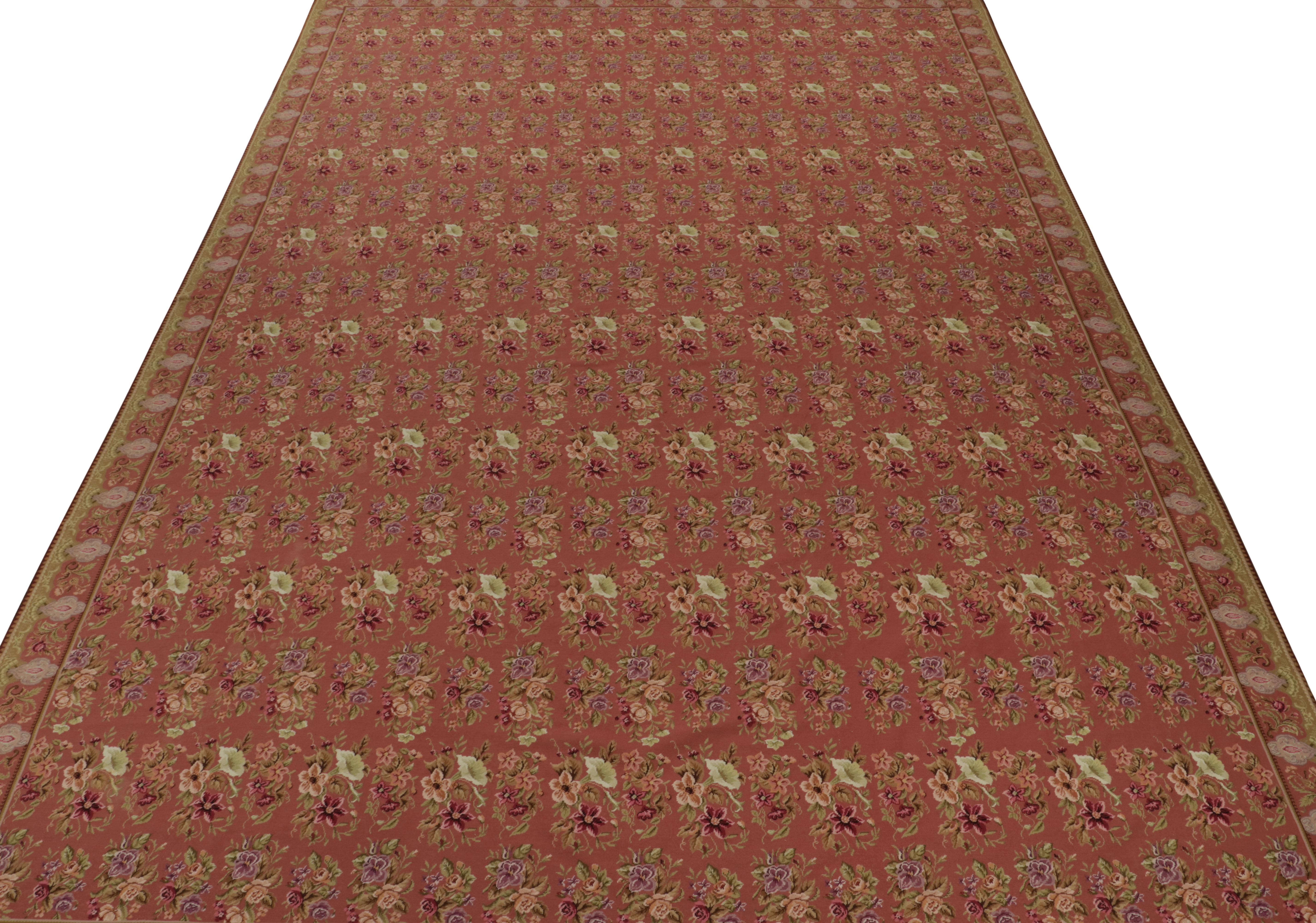 Chinese Vintage Needlepoint Rug in Red with Floral Patterns - by Rug & Kilim For Sale