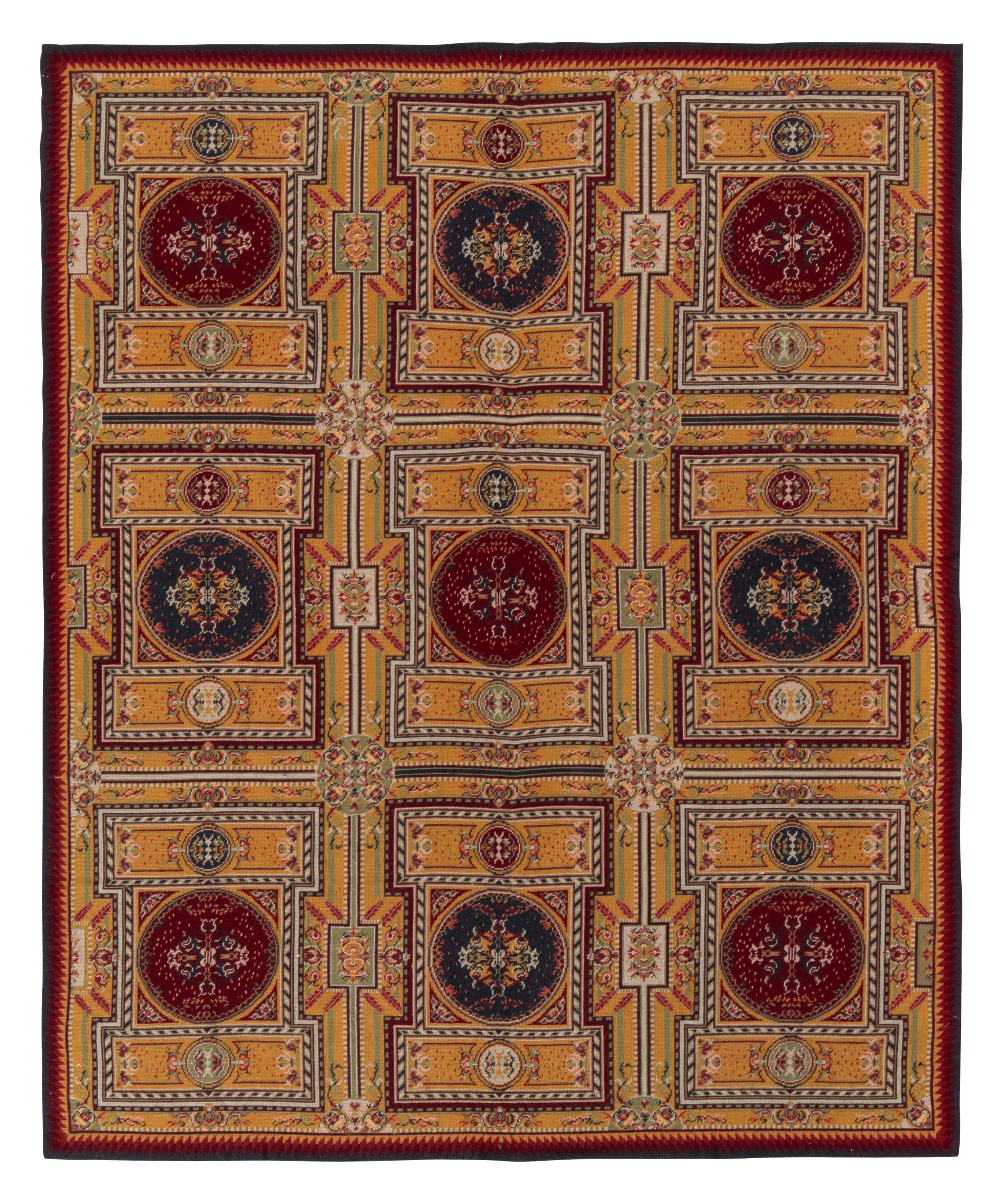 Tapis vintage à l'aiguille, motif géométrique jaune et rouge de Rug & Kilim en vente