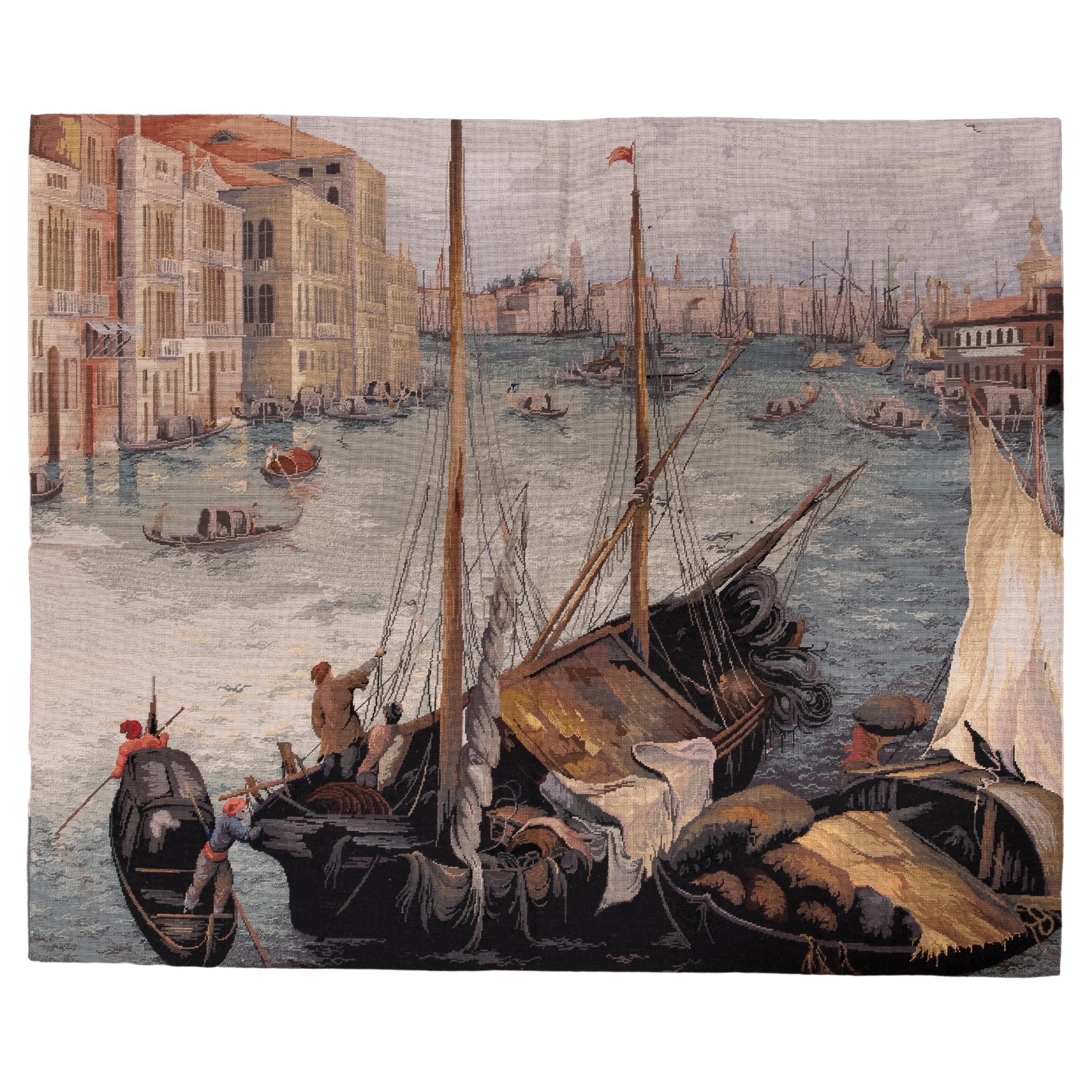 Vintage Needlepoint Tapestry of Venetian Harbor Scene