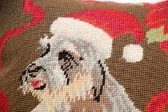 Vintage Needlepoint Throw Pillow Christmas Holiday Dog Design
