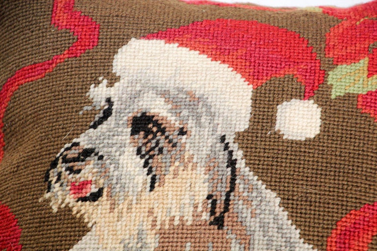 Vintage Needlepoint Throw Pillow Christmas Holiday Dog Design For Sale at 1stDibs