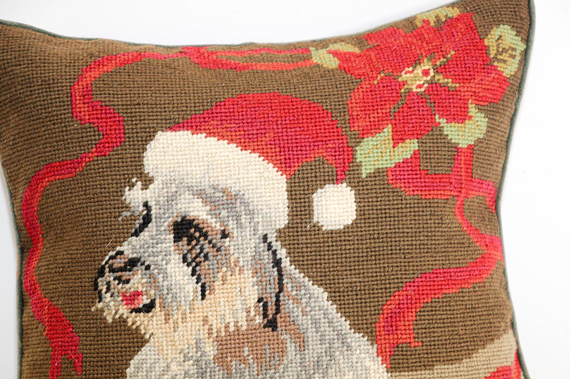 Cotton Vintage Needlepoint Throw Pillow Christmas Holiday Dog Design