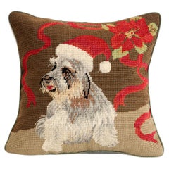 Vintage Needlepoint Throw Pillow Christmas Holiday Dog Design