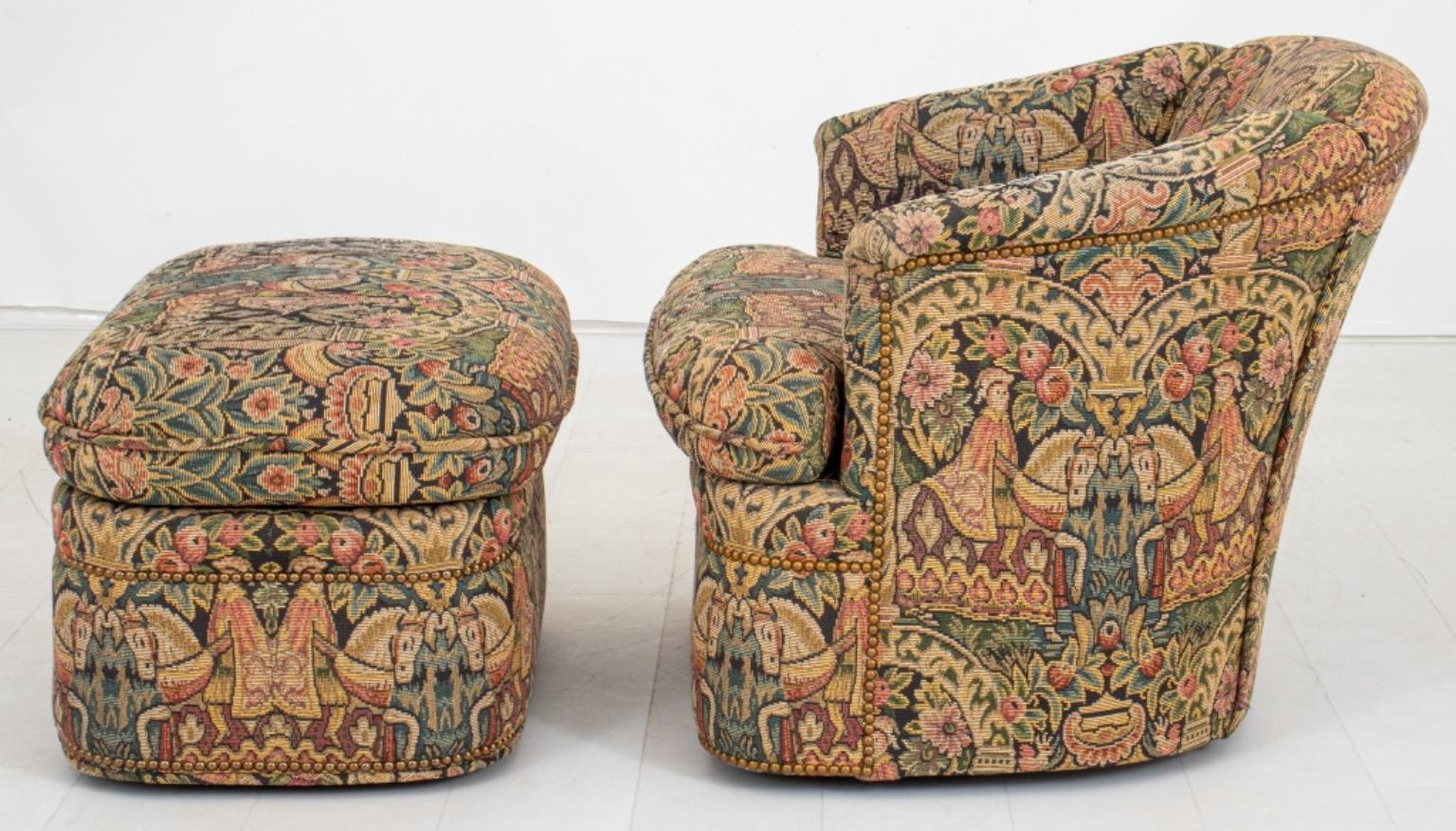 20th Century Vintage Needlepoint Upholstered Chair & Ottoman For Sale