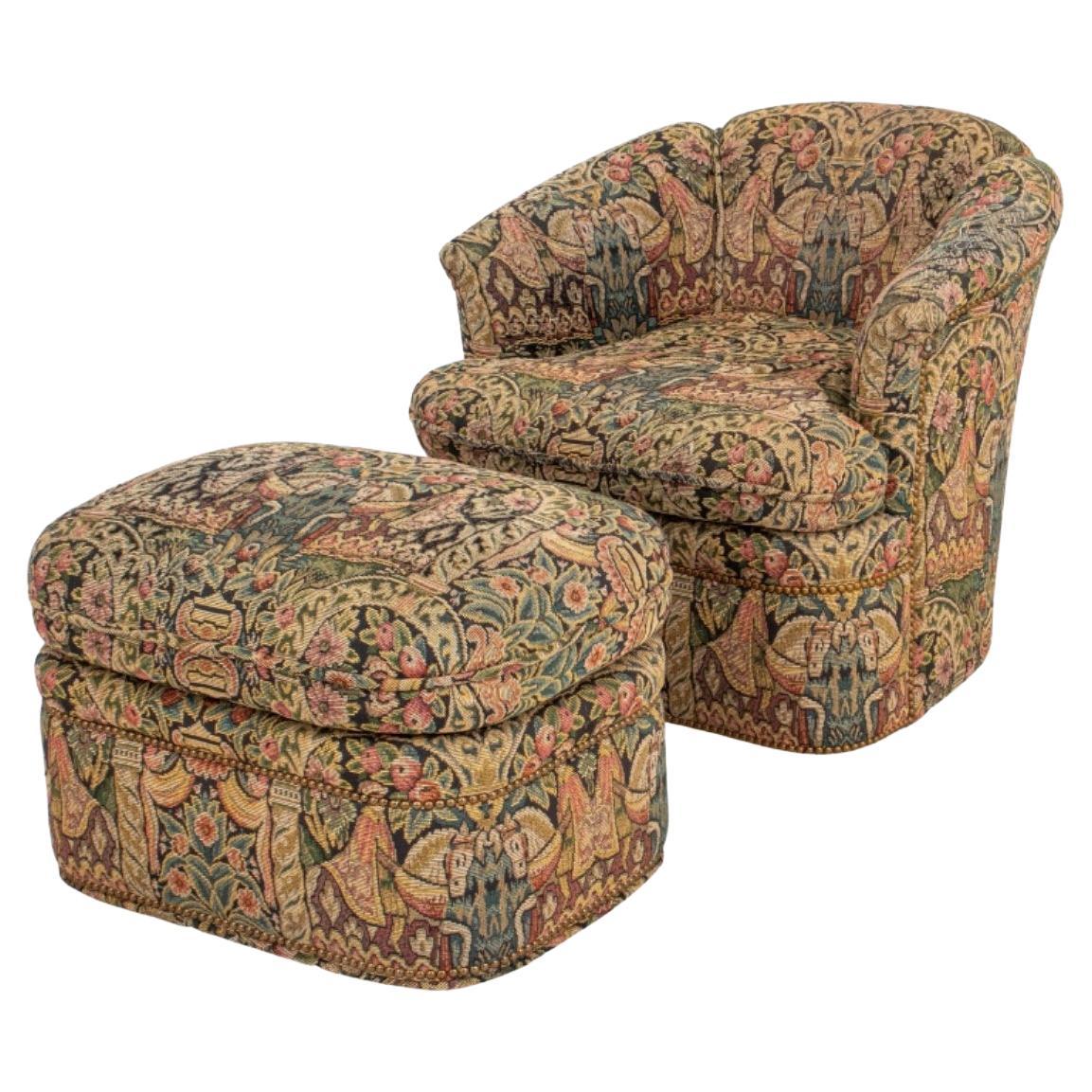 Vintage Needlepoint Upholstered Chair & Ottoman For Sale