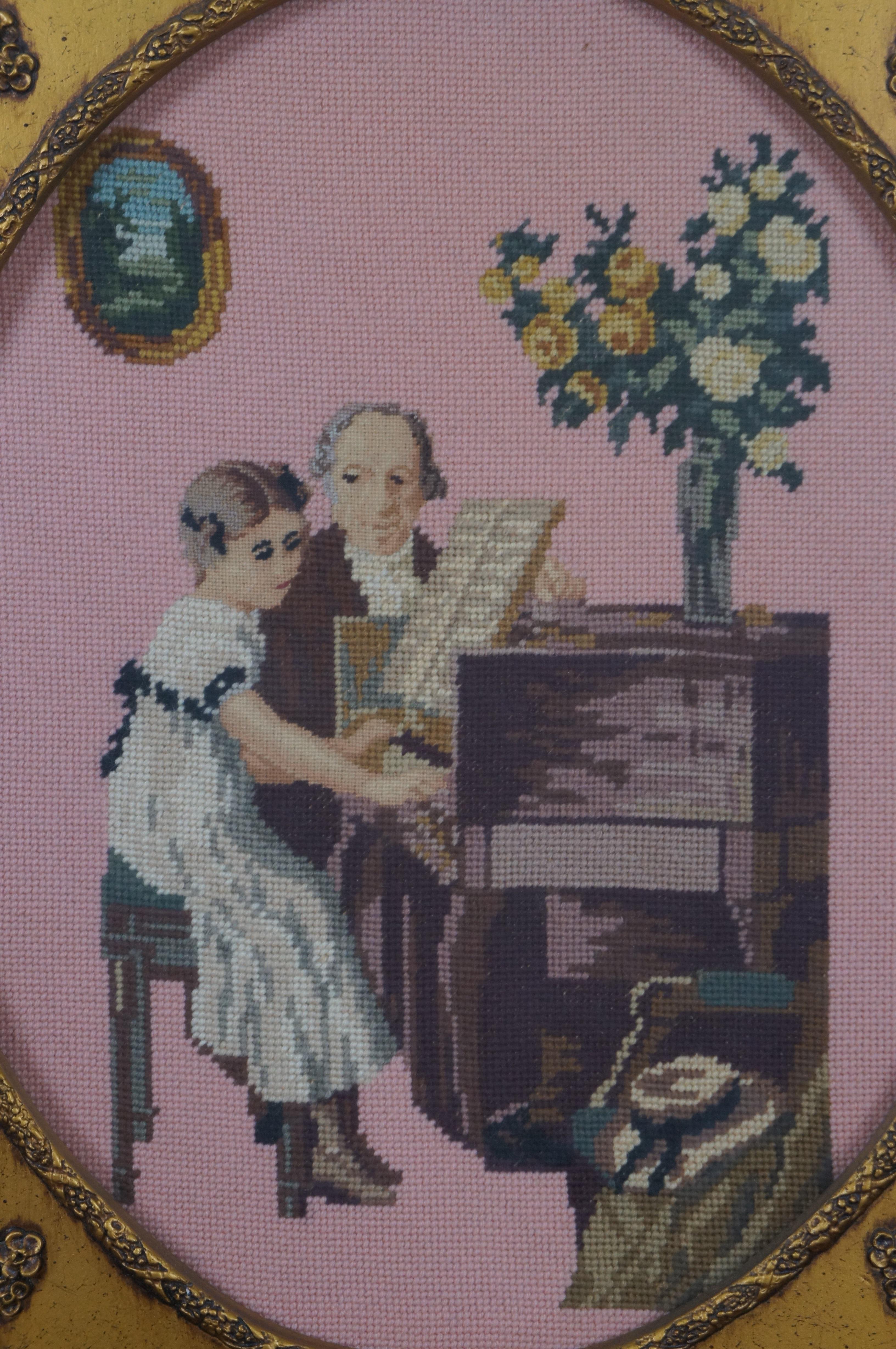 Regency Vintage Needlework Embroidered First Piano Lesson Hanging Tapestry Artwork 26