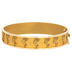 Retro Nefertiti Bracelet 18k Yellow Gold Egyptian Jewelry 7" Bangle Estate