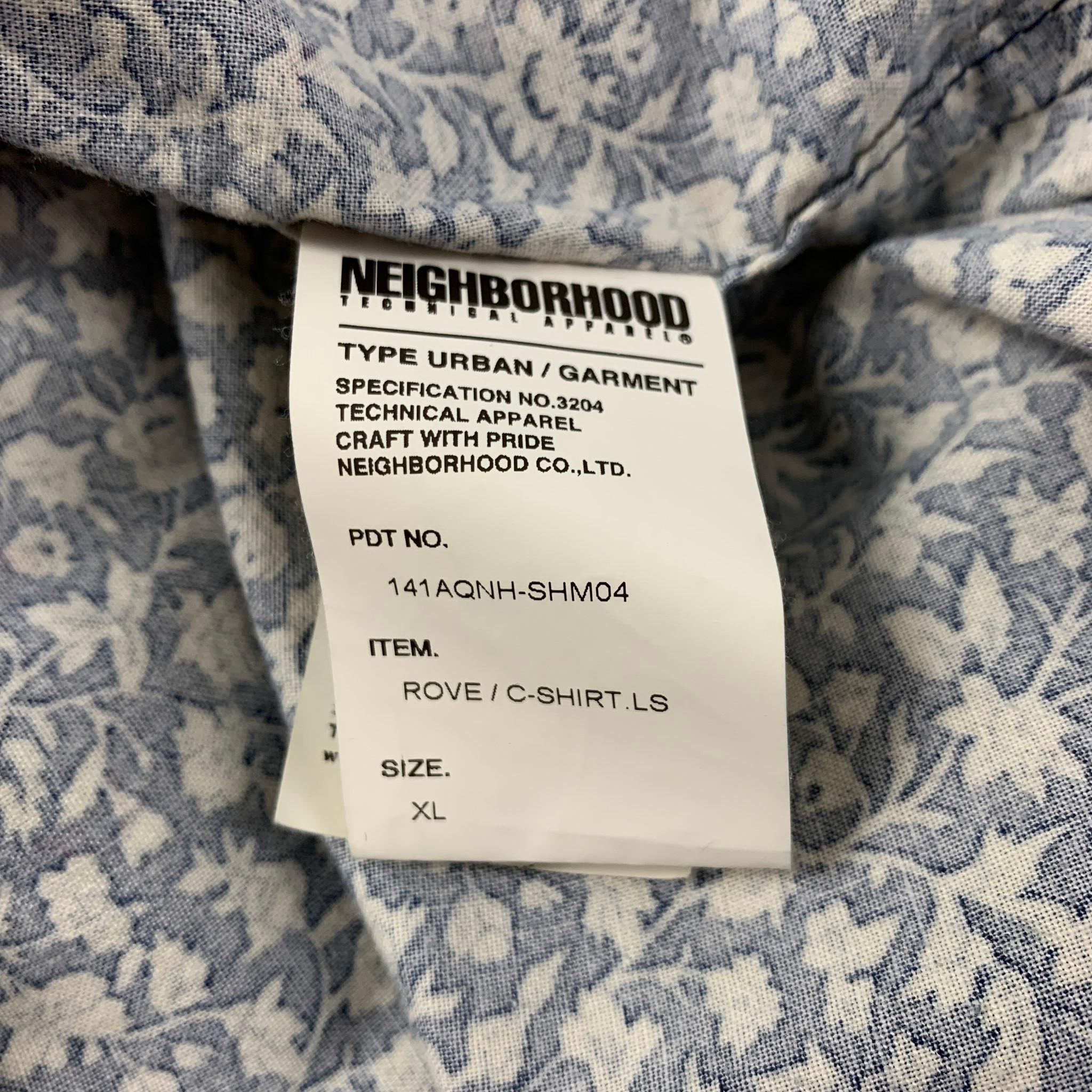 Vintage NEIGHBORHOOD Größe XL Blaues langärmeliges Baumwollhemd mit Blumenmuster und Knopfleiste Herren