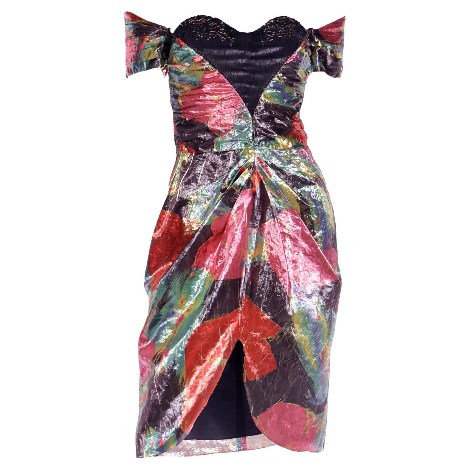 Vintage Neil Bieff Metallic Floral Evening Dress For Sale