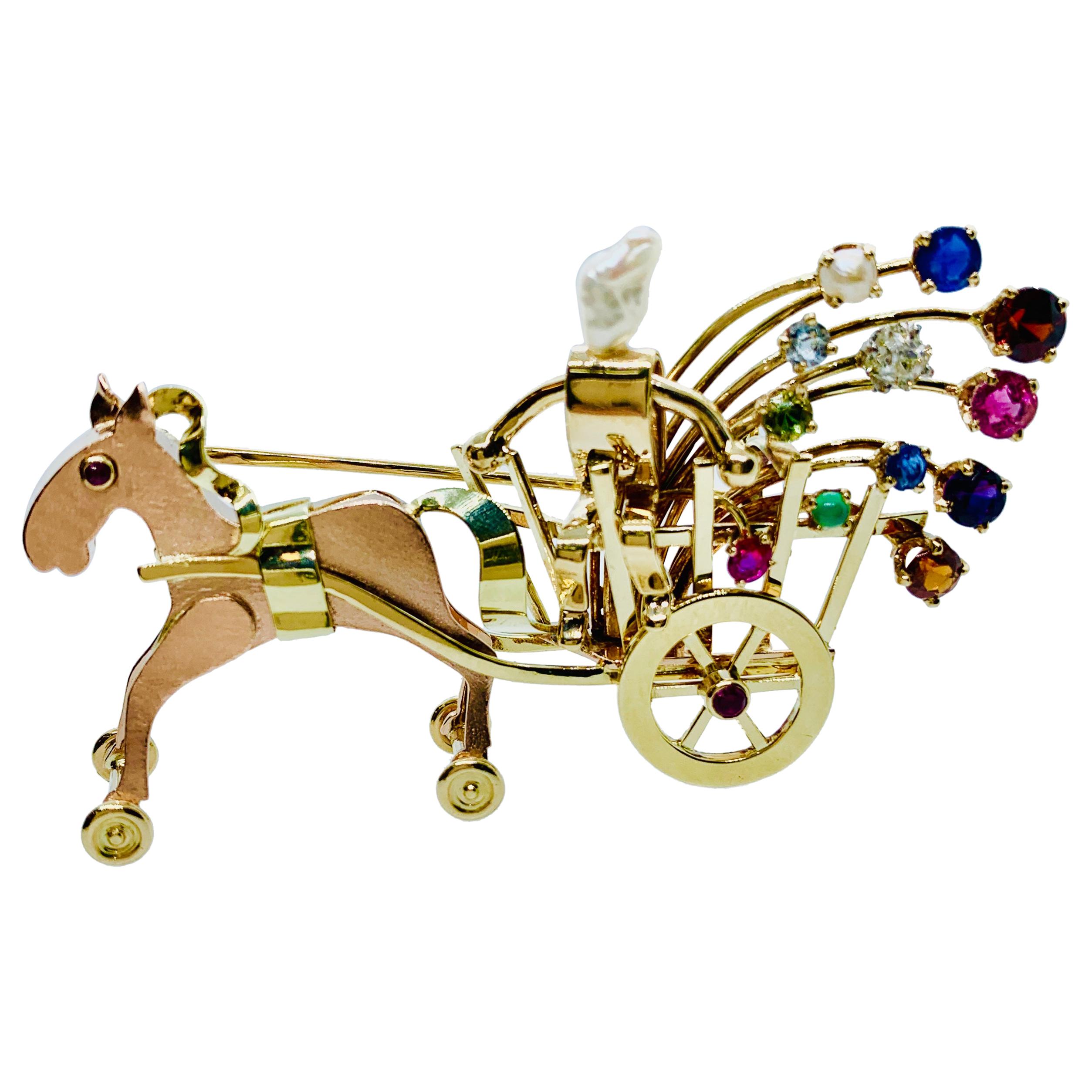 Vintage Neiman Marcus 14 Karat Gold and Gemstone Horse and Carriage Brooch