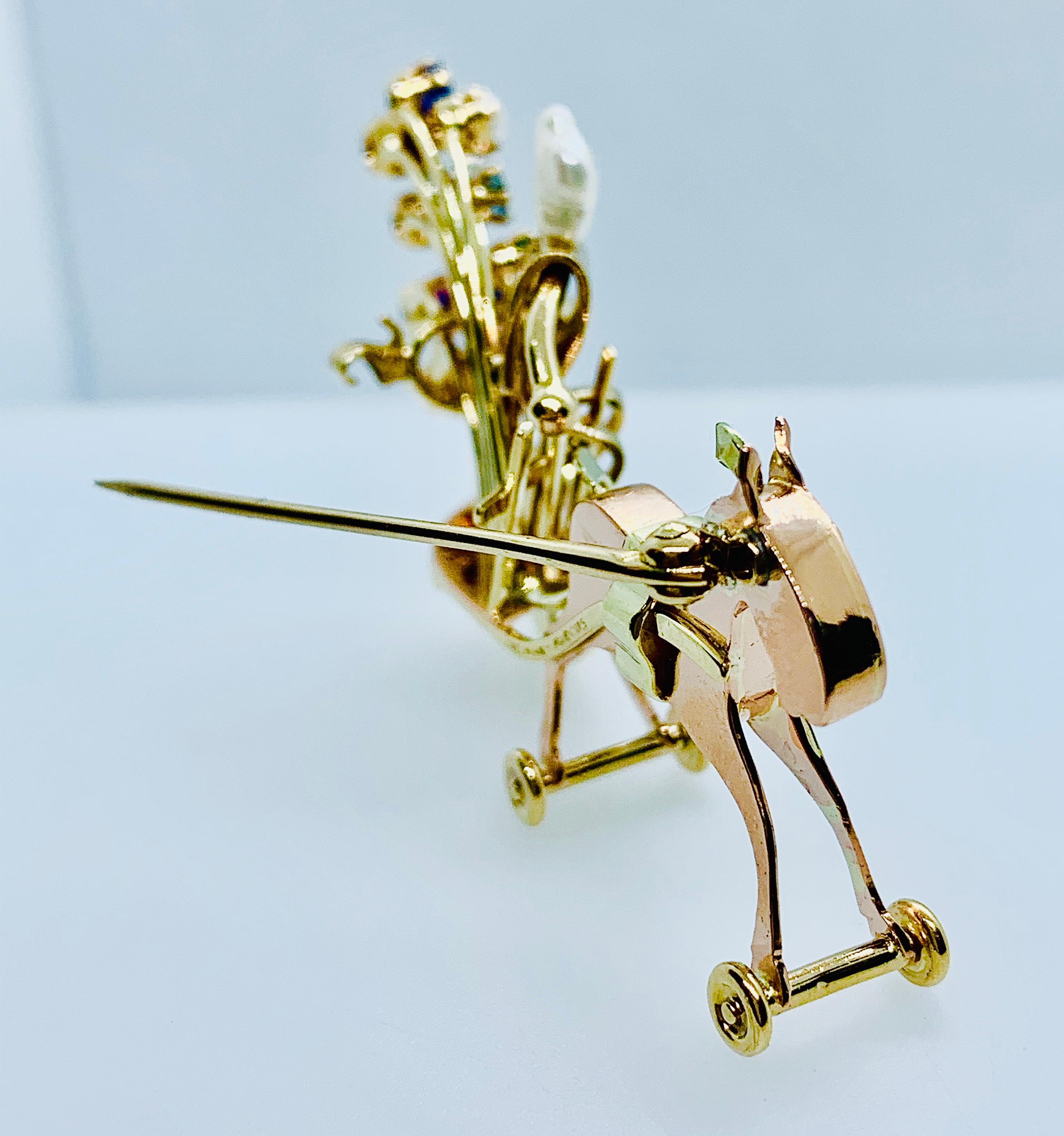 Vintage Neiman Marcus 14 Karat Gold and Gemstone Horse and Carriage Brooch 3