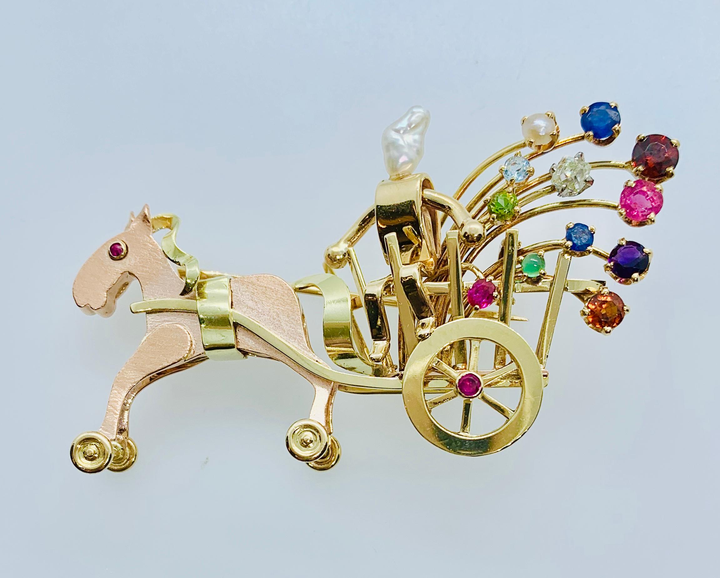 Vintage Neiman Marcus 14 Karat Gold and Gemstone Horse and Carriage Brooch 4