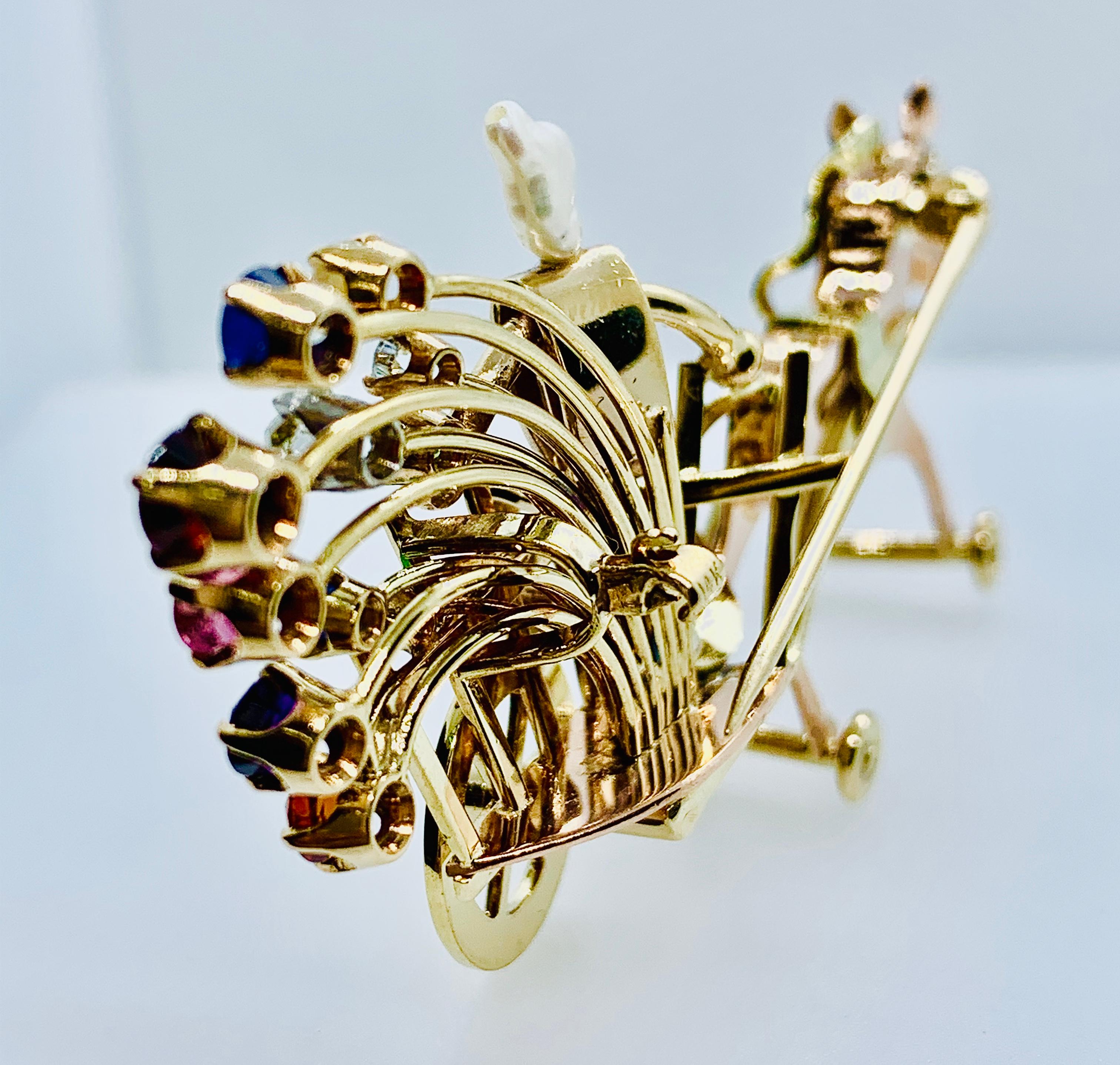 Modern Vintage Neiman Marcus 14 Karat Gold and Gemstone Horse and Carriage Brooch