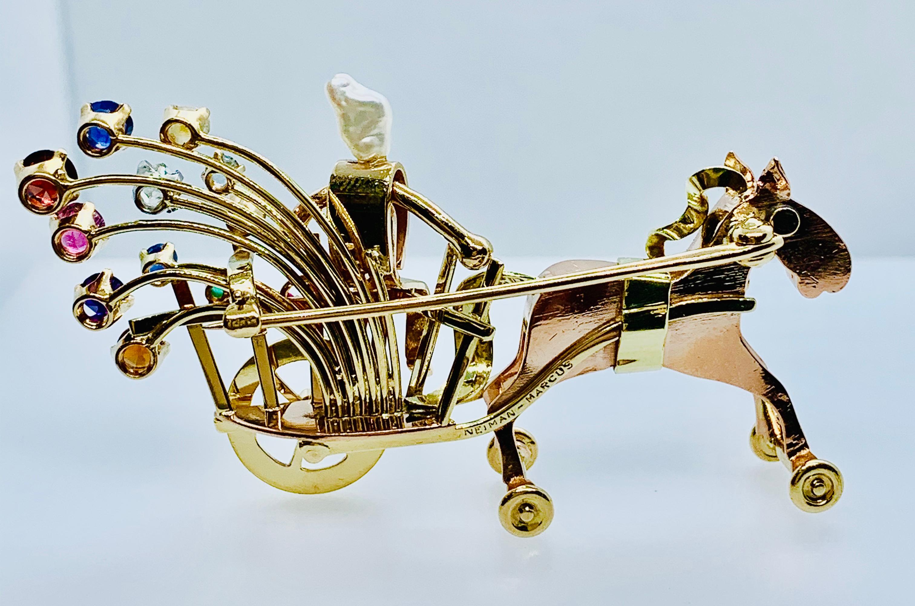 Old Mine Cut Vintage Neiman Marcus 14 Karat Gold and Gemstone Horse and Carriage Brooch