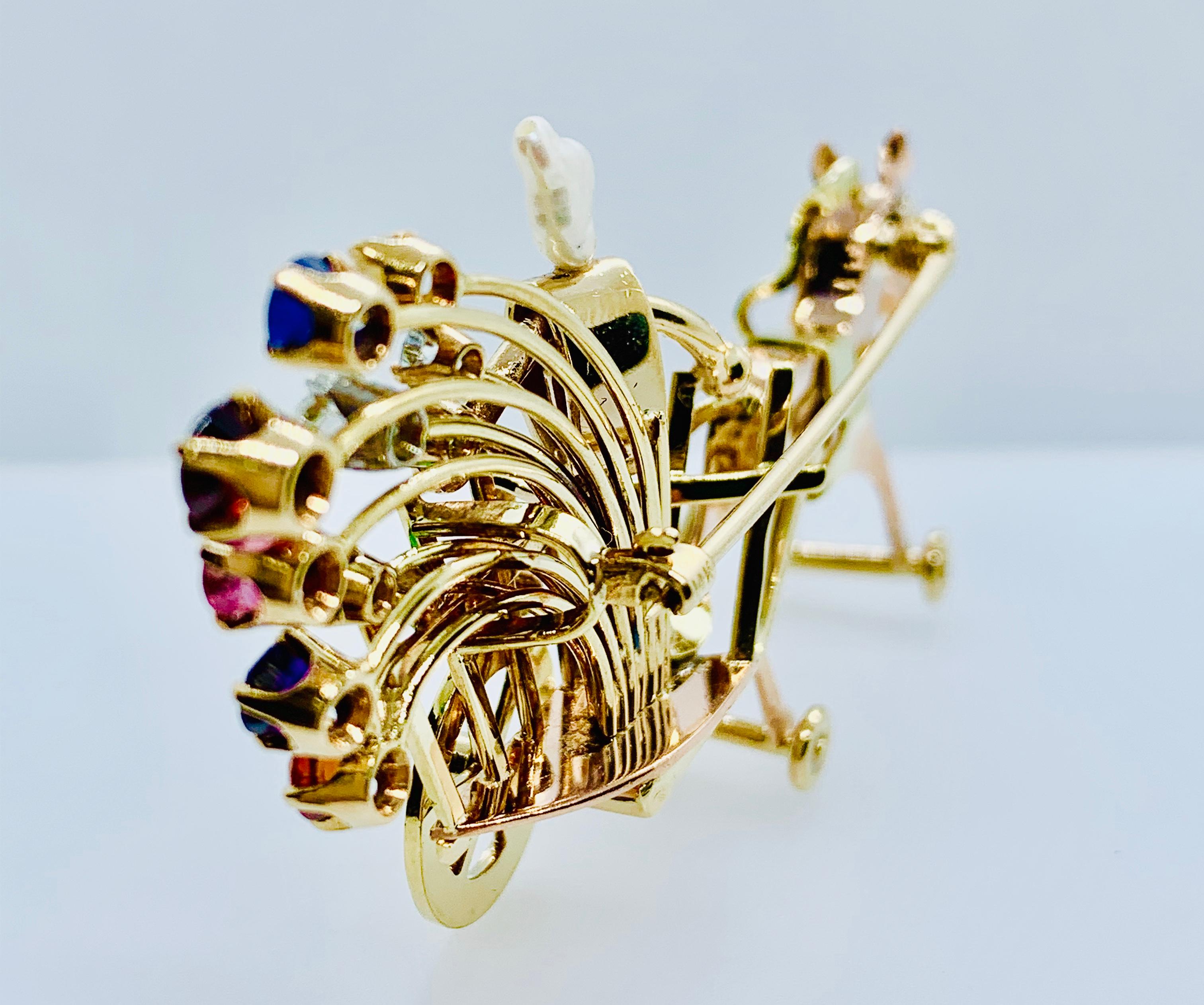 Vintage Neiman Marcus 14 Karat Gold and Gemstone Horse and Carriage Brooch 1