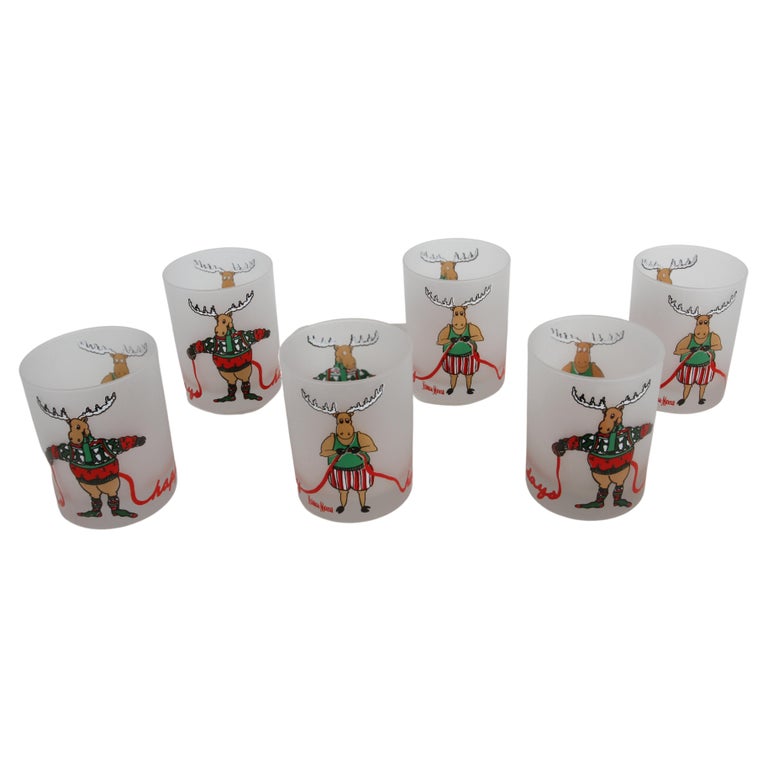 Vintage NeimanMarcus Happy Holiday Christmas Sweater Theme Bar Glasses Set of 6 For Sale at 1stDibs