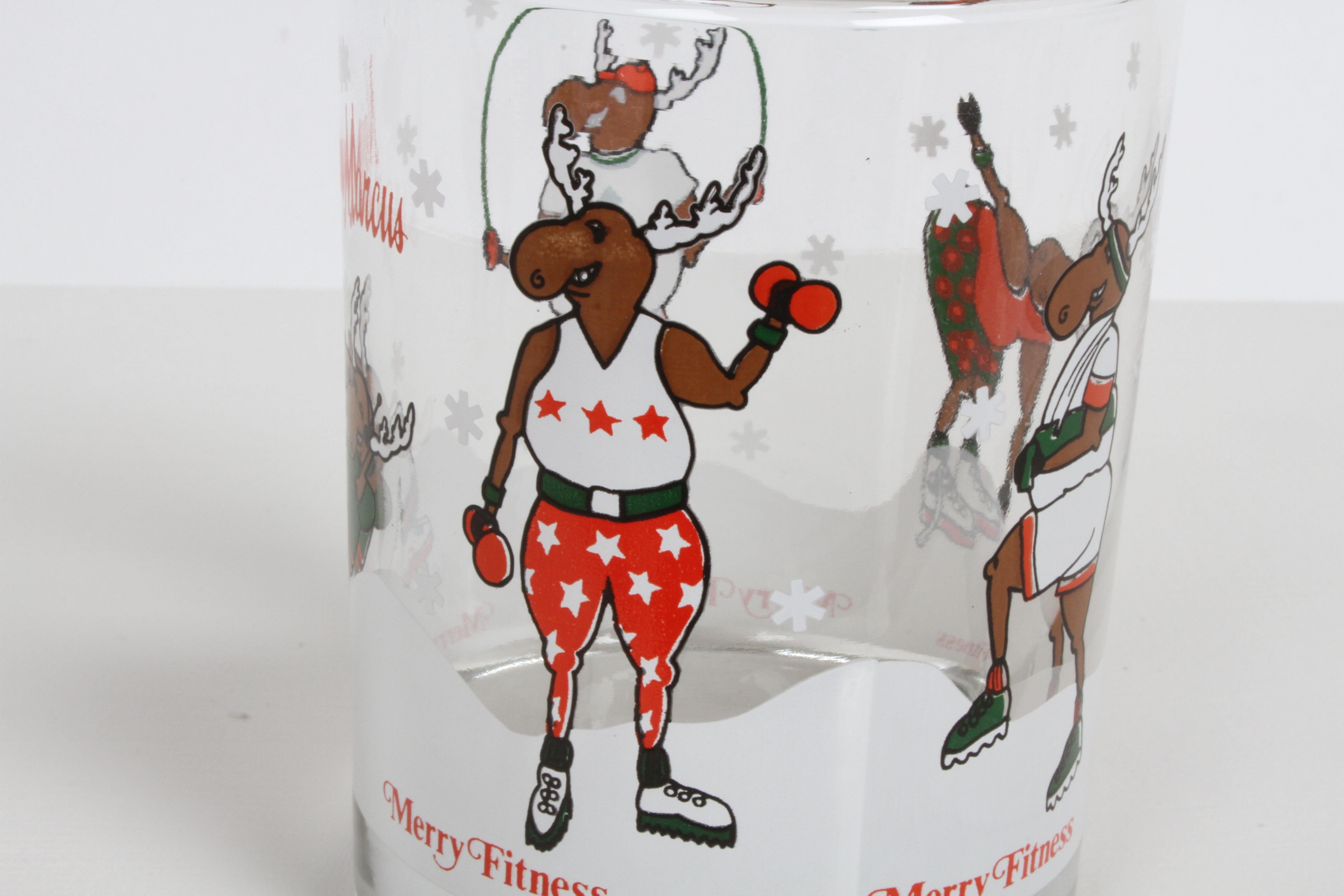 Vintage Neiman-Marcus Holiday Christmas Theme Merry Fitness Bar Glasses Set of 5 2