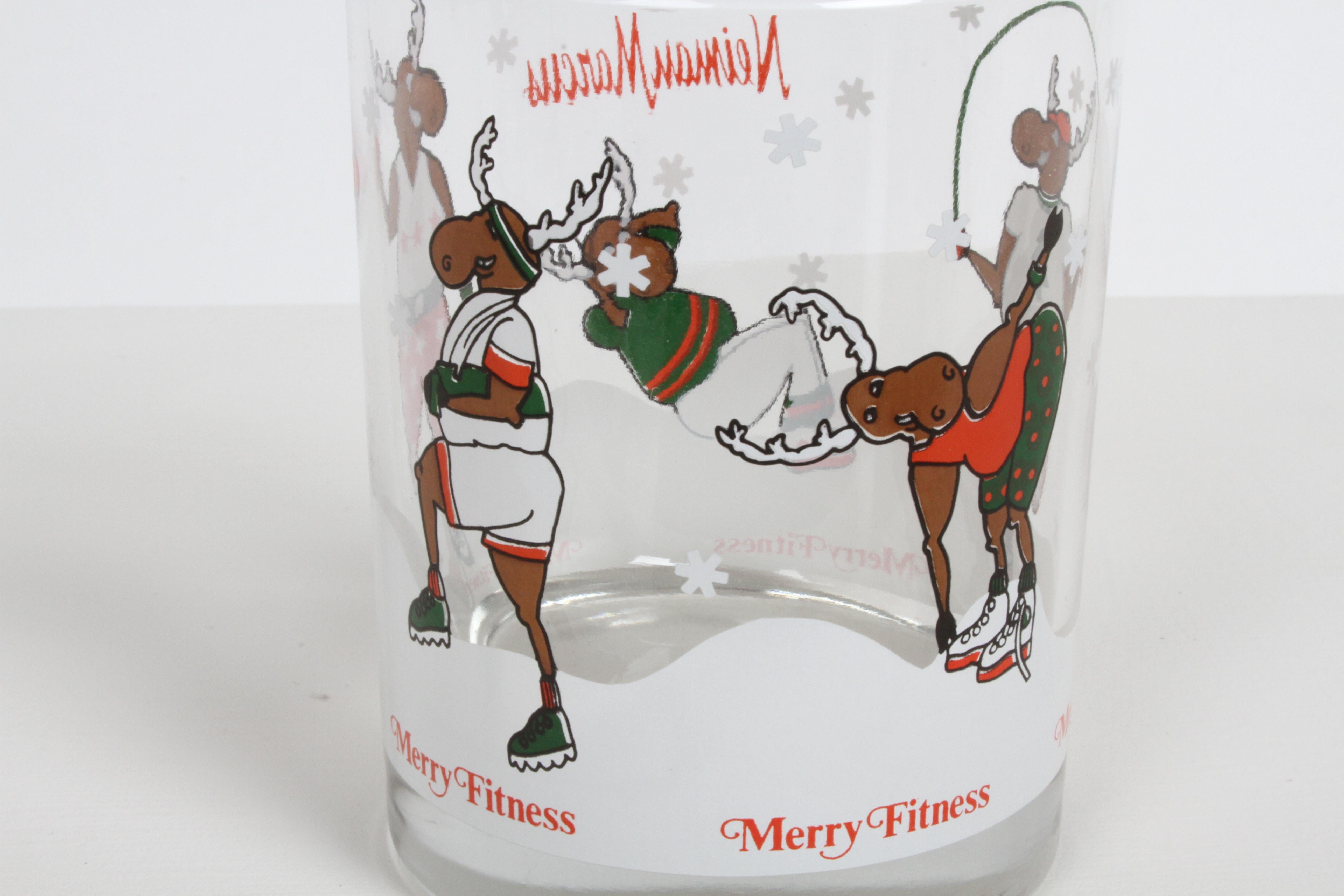 Vintage Neiman-Marcus Holiday Christmas Theme Merry Fitness Bar Glasses Set of 5 3